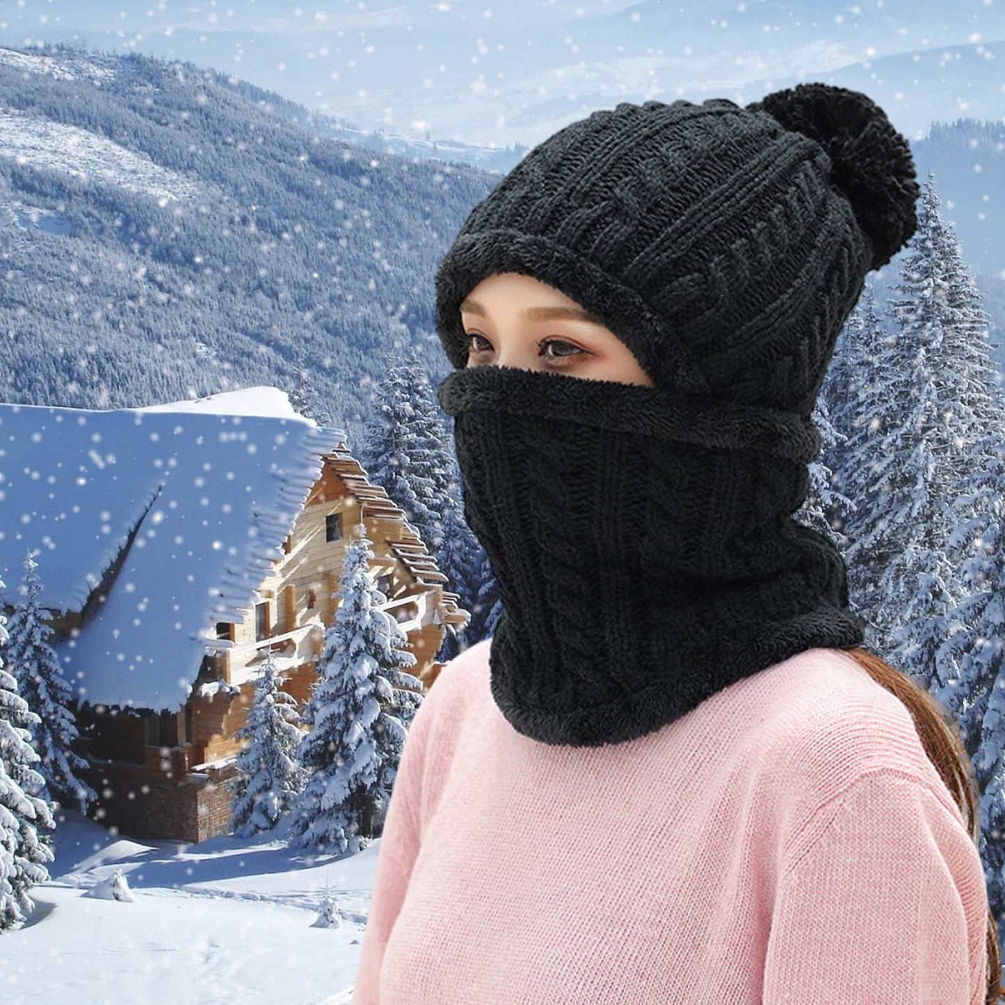 HUAMULAN Women Winter Beanie Hats One Piece Fleece Lined Knit Balaclavas Mask Set Skull Neck Circle Scarf Ski Snow Hat Pompom