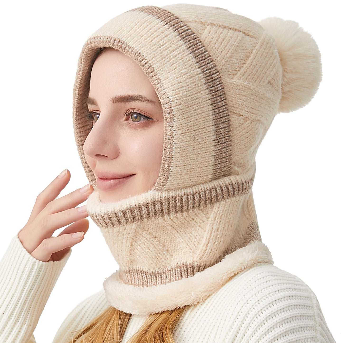 HUAMULAN Women Winter Beanie Hats One Piece Fleece Lined Knit Balaclavas Mask Set Skull Neck Circle Scarf Ski Snow Hat Pompom