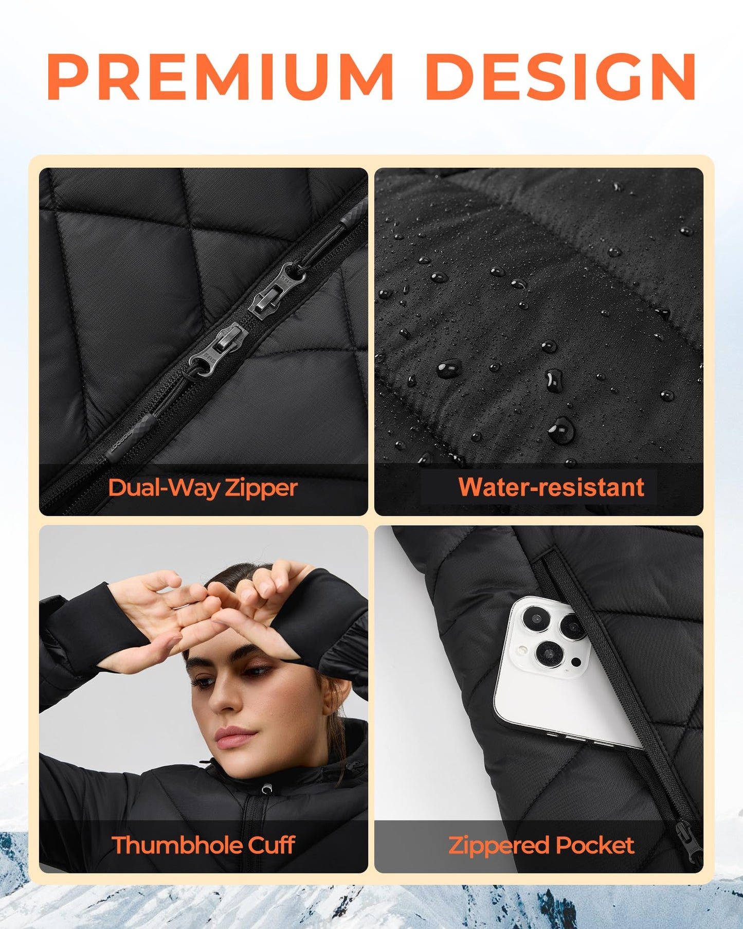 Topdot Graphene Long Heated Jackets for Women with 12V 18400mAh Battery Pack, 8 Heat Zones Hooded Heated Coat for Womens