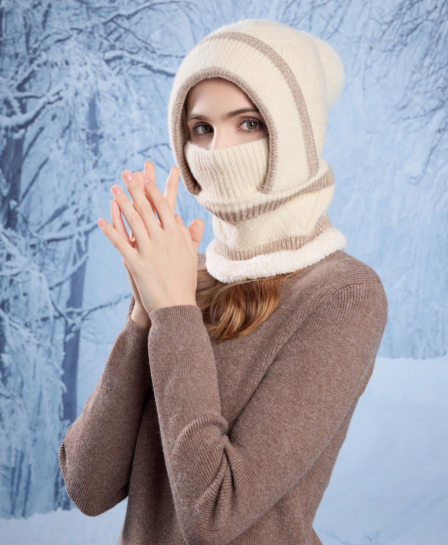 HUAMULAN Women Winter Beanie Hats One Piece Fleece Lined Knit Balaclavas Mask Set Skull Neck Circle Scarf Ski Snow Hat Pompom