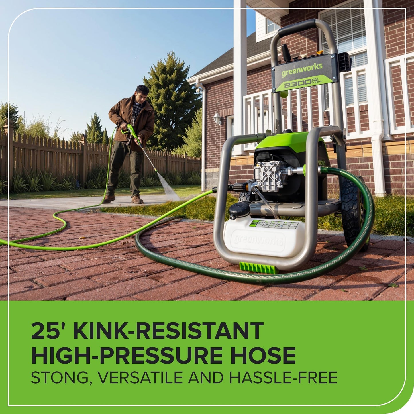 Greenworks 2300 PSI TruBrushless (2.3 GPM) Electric Pressure Washer, 25’ Hose, Quick Connect Wand, 15, 24, 40 Degree Soap and Turbo Nozzle