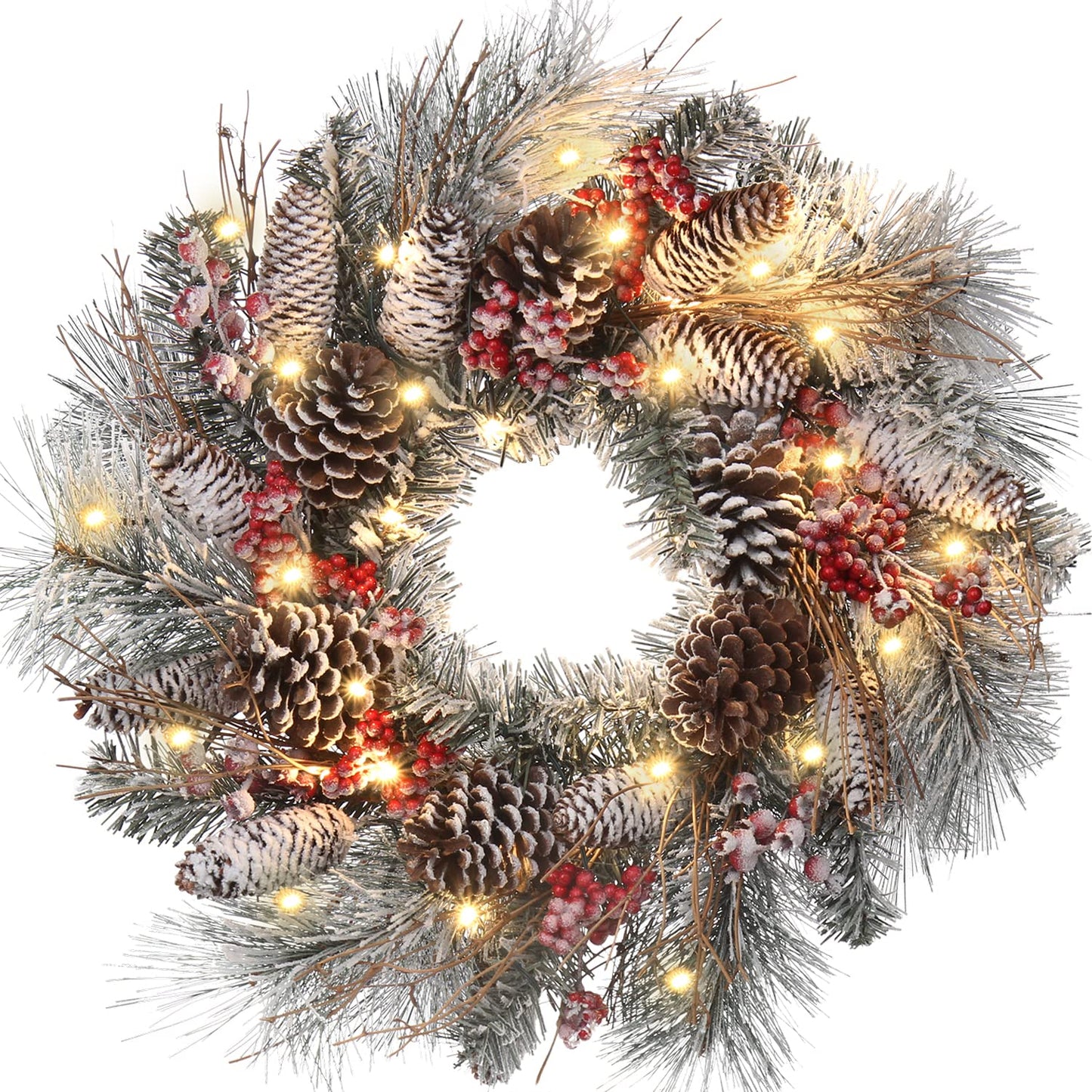 Christmas Wreath for Front Door 24" Large Xmas Wreath with Flocked Pinecone Red Berries Battery Operated 30 LED Lights for Christmas Outdoor Window Fireplaces Walls Home Decor