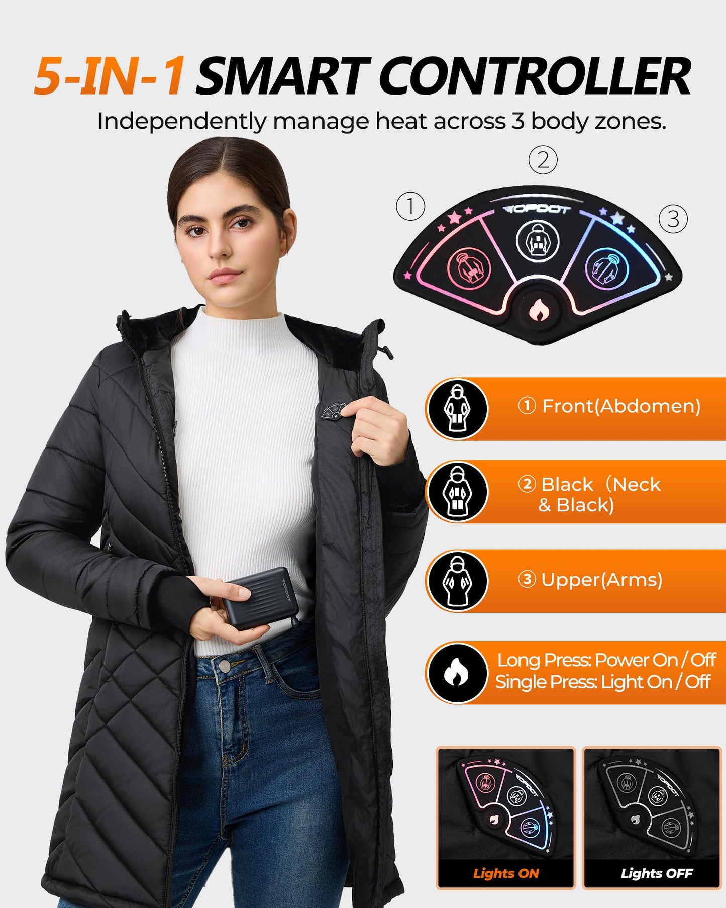 Topdot Graphene Long Heated Jackets for Women with 12V 18400mAh Battery Pack, 8 Heat Zones Hooded Heated Coat for Womens