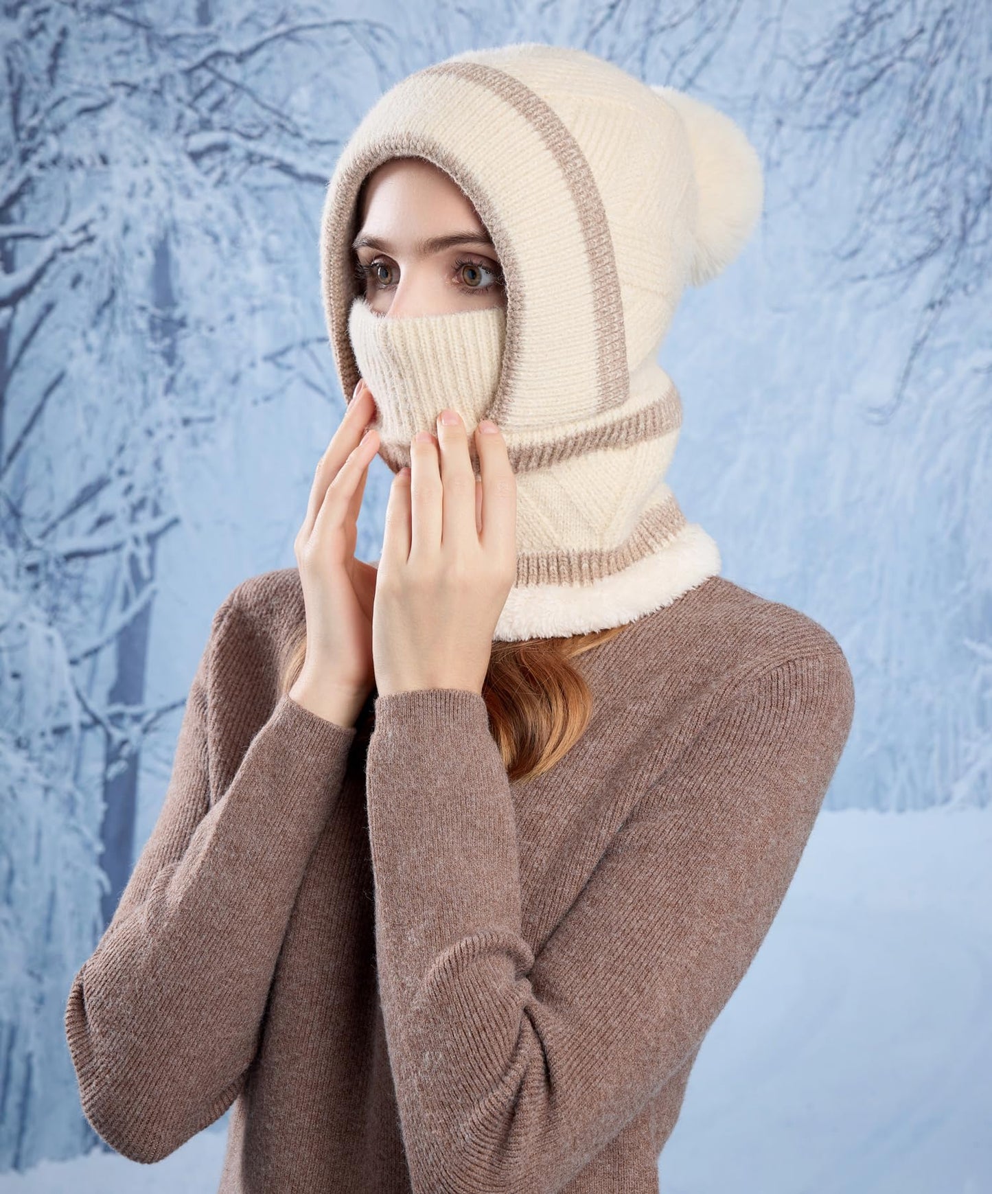 HUAMULAN Women Winter Beanie Hats One Piece Fleece Lined Knit Balaclavas Mask Set Skull Neck Circle Scarf Ski Snow Hat Pompom