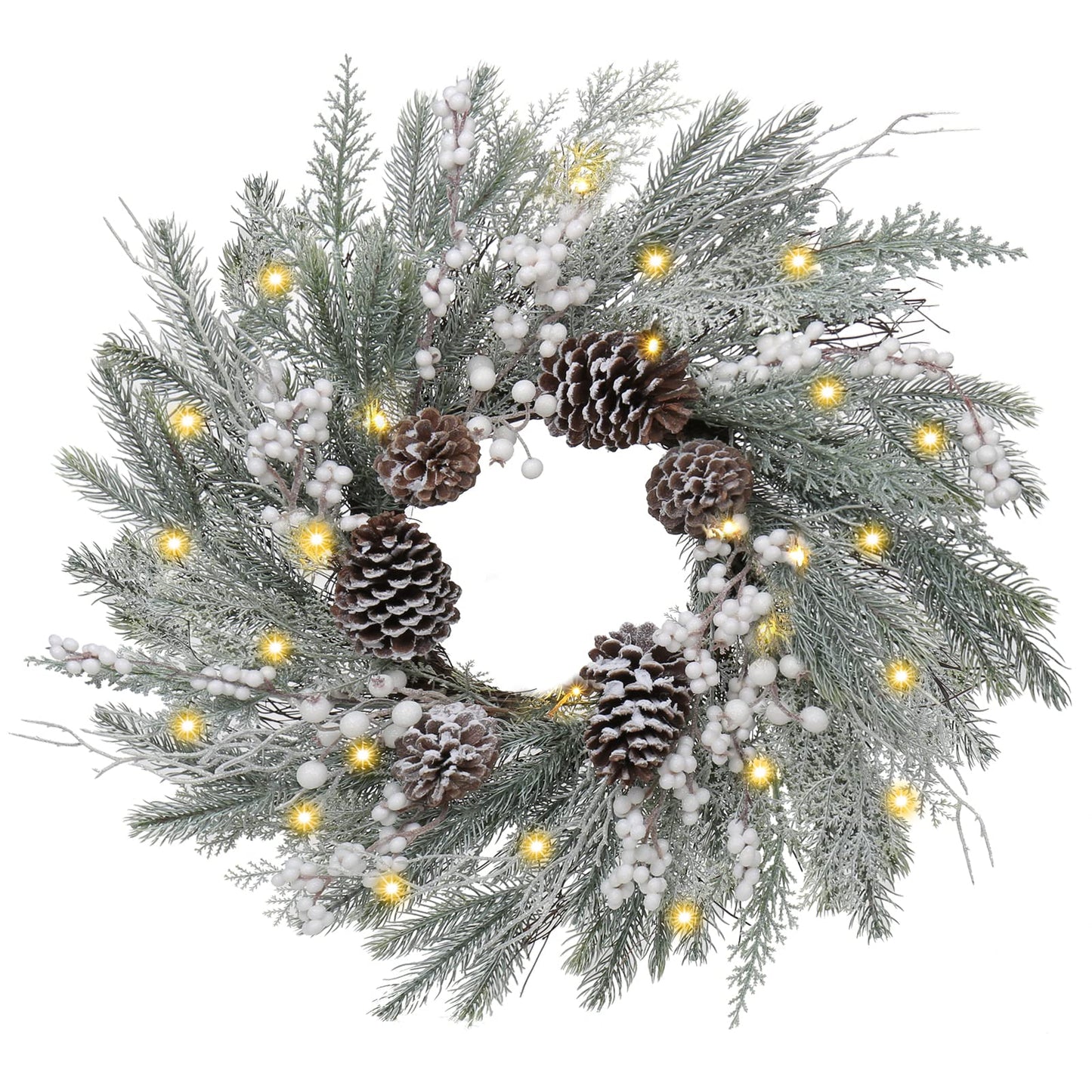 Christmas Wreath for Front Door 24" Large Xmas Wreath with Flocked Pinecone Red Berries Battery Operated 30 LED Lights for Christmas Outdoor Window Fireplaces Walls Home Decor