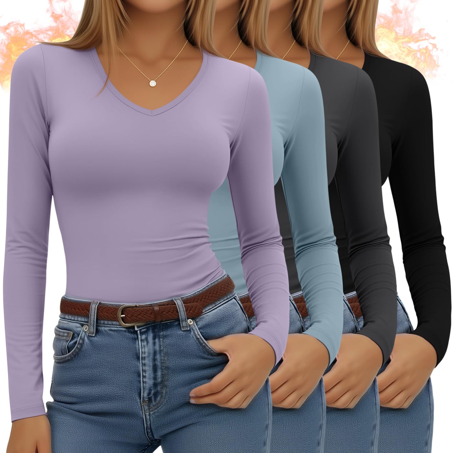 4 Pack Women's Long Sleeve Thermal Shirts Fleece Lined V Neck Slim Fit Underwear Base Layer Basic Winter Warm Tops