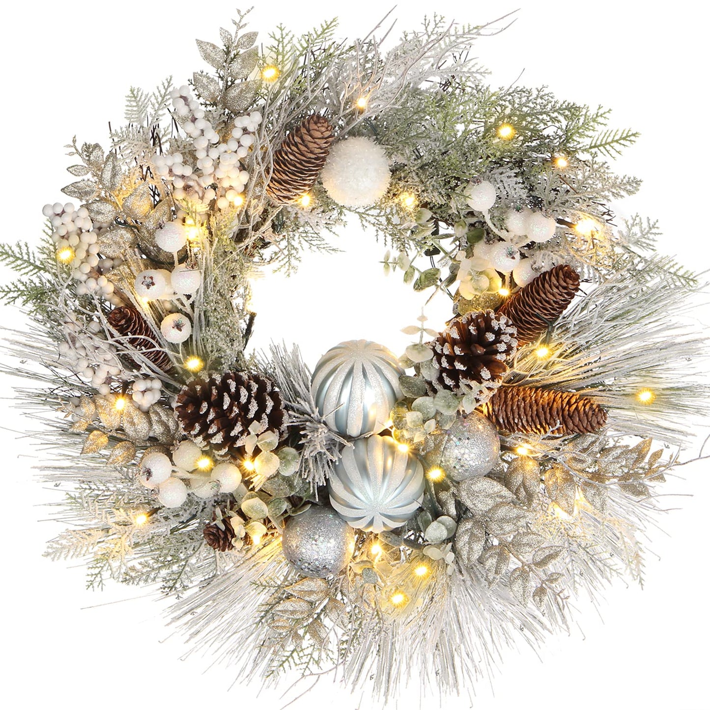 Christmas Wreath for Front Door 24" Large Xmas Wreath with Flocked Pinecone Red Berries Battery Operated 30 LED Lights for Christmas Outdoor Window Fireplaces Walls Home Decor