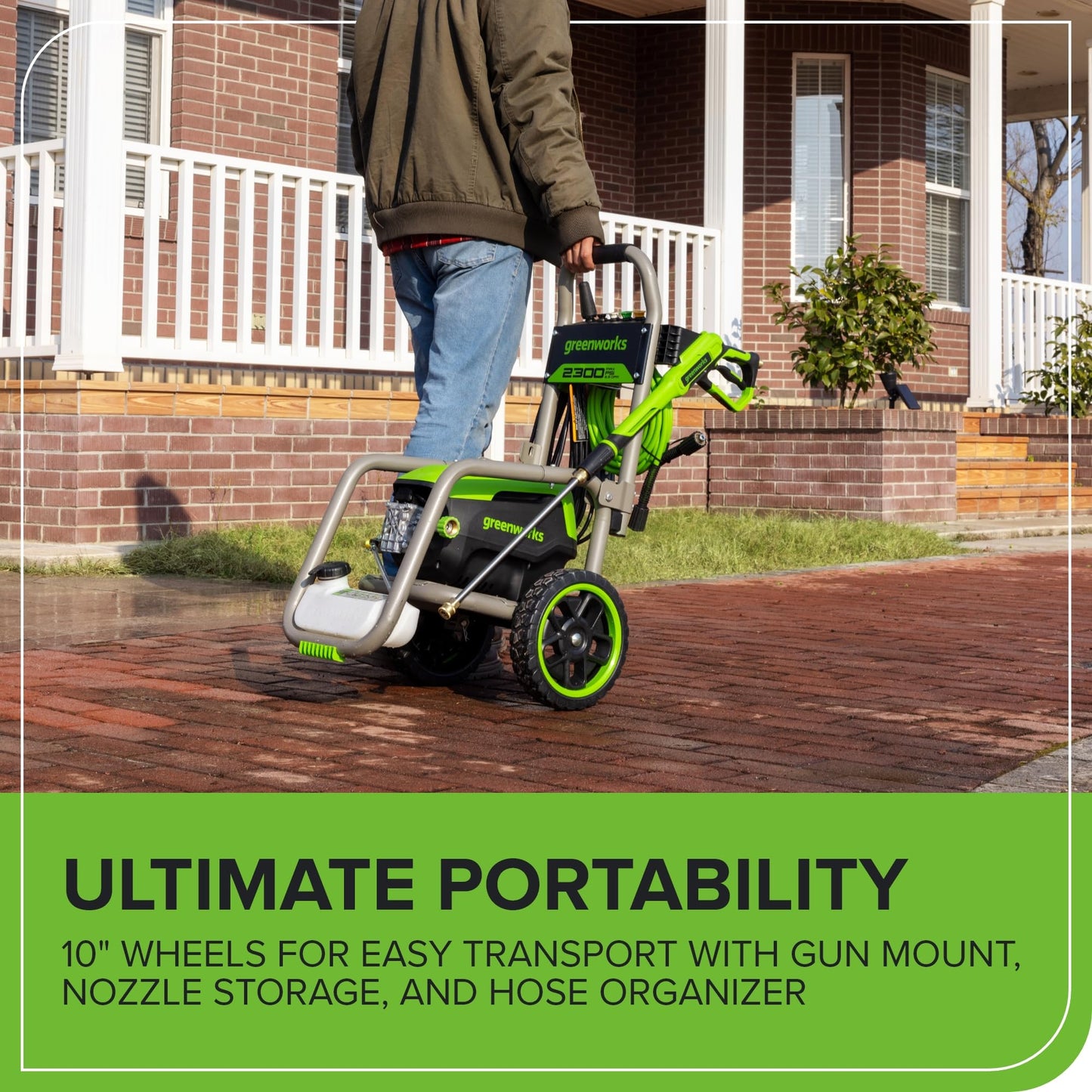 Greenworks 2300 PSI TruBrushless (2.3 GPM) Electric Pressure Washer, 25’ Hose, Quick Connect Wand, 15, 24, 40 Degree Soap and Turbo Nozzle