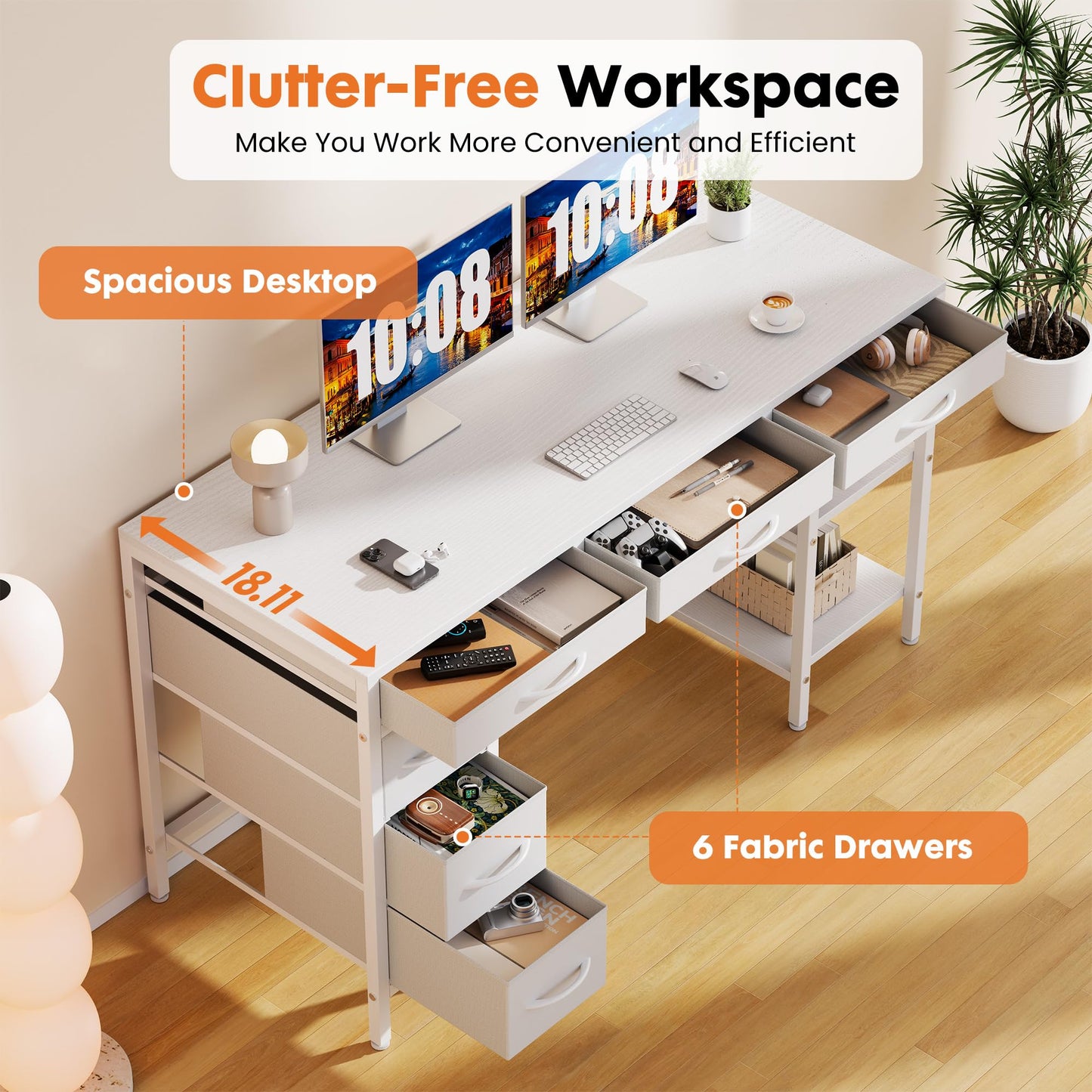 Sweetcrispy 47" Computer Desk with 6 Drawers, Home Office Gaming Desks with Storage Shelves for Bedroom, Writing Study Corner Living Room Work Table Rustic Brown