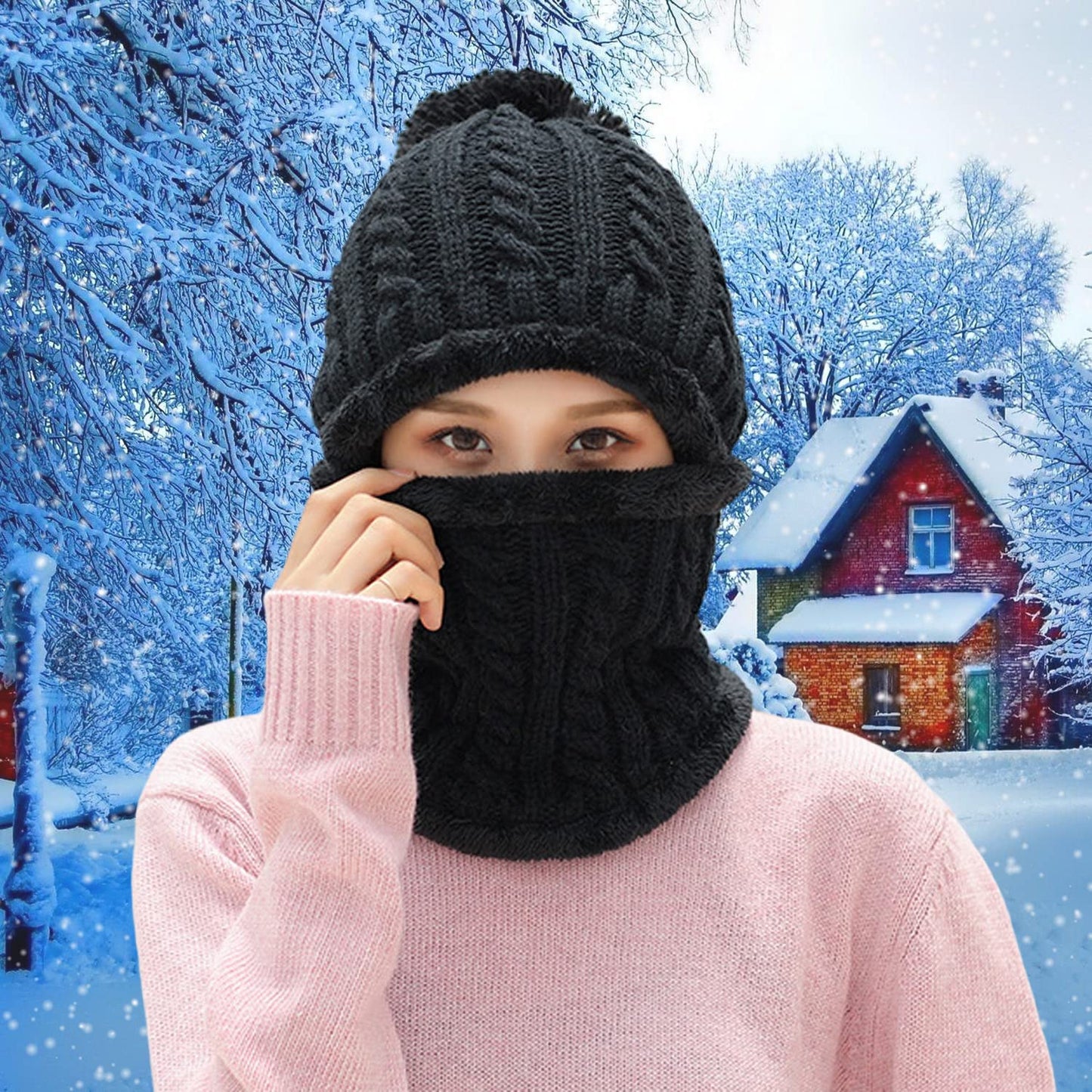 HUAMULAN Women Winter Beanie Hats One Piece Fleece Lined Knit Balaclavas Mask Set Skull Neck Circle Scarf Ski Snow Hat Pompom