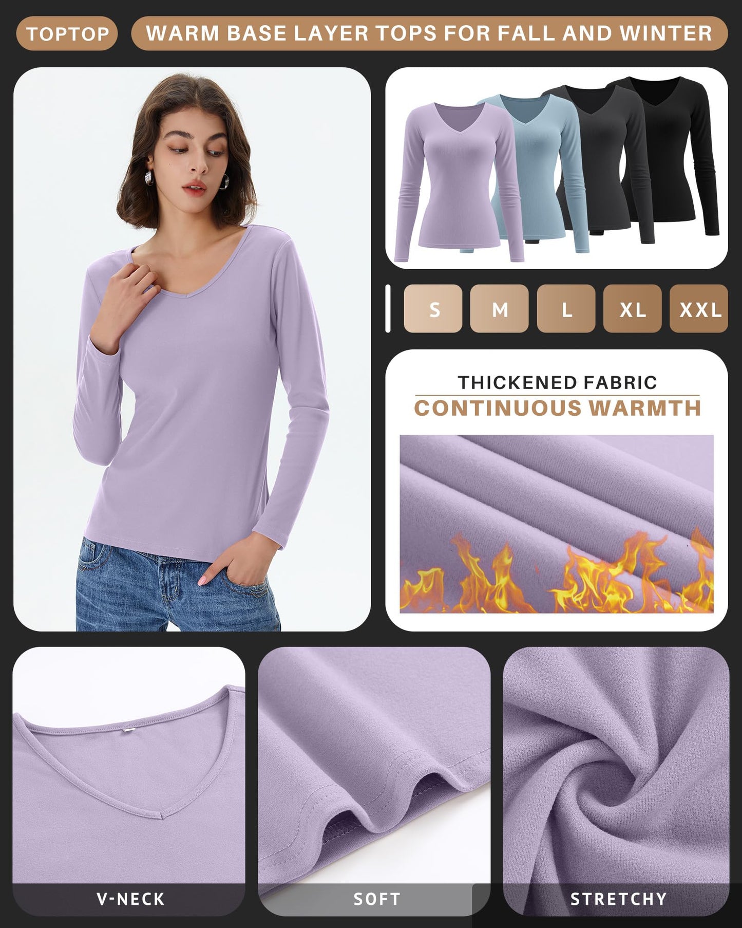 4 Pack Women's Long Sleeve Thermal Shirts Fleece Lined V Neck Slim Fit Underwear Base Layer Basic Winter Warm Tops