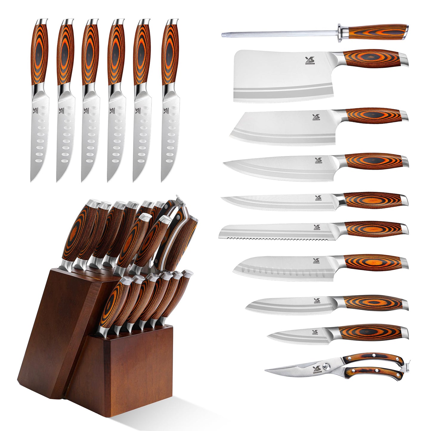 MSY BIGSUNNY Knife Block Set 17-piece Knife Set with Wooden Block - German Steel Perfect Cutlery Set Gift