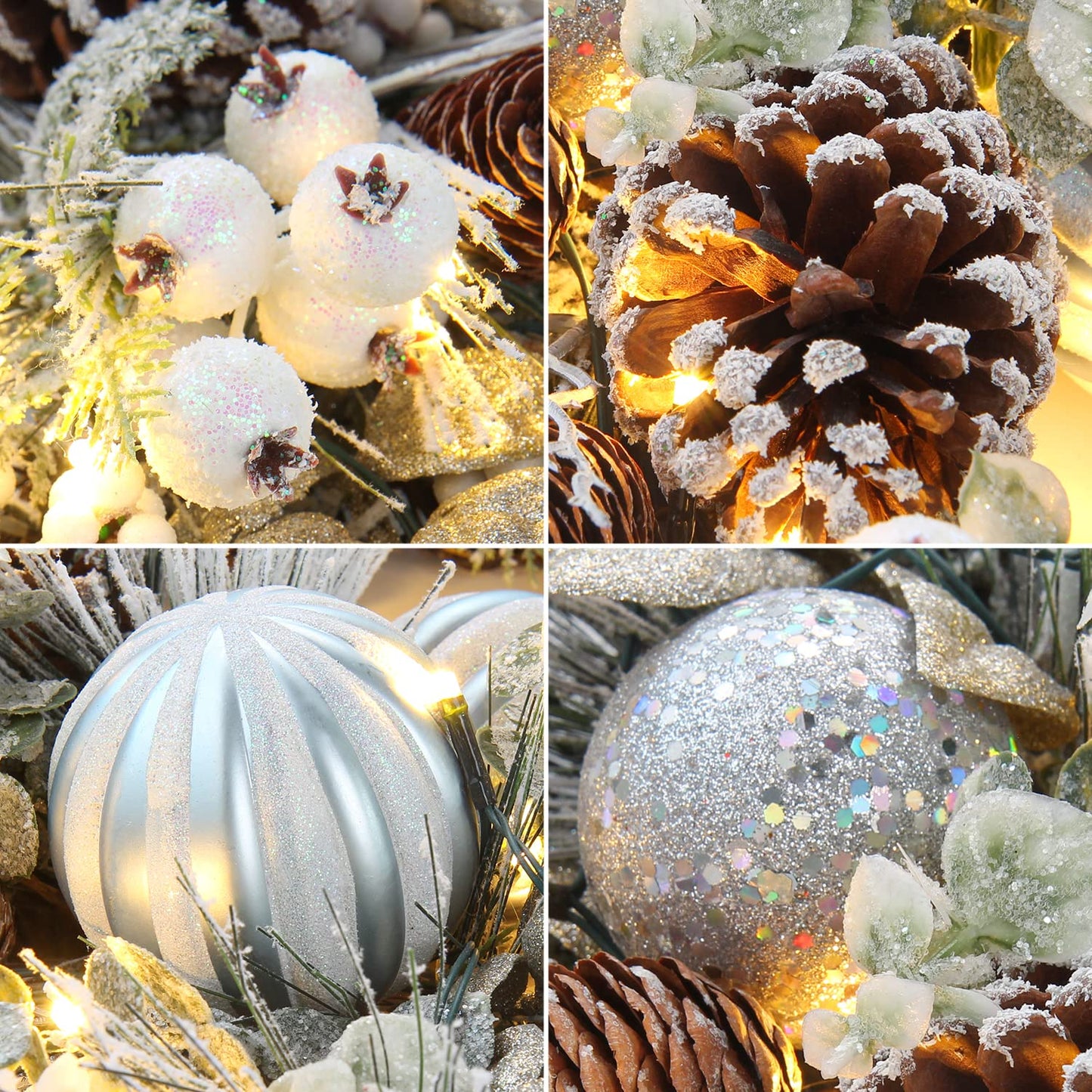 Christmas Wreath for Front Door 24" Large Xmas Wreath with Flocked Pinecone Red Berries Battery Operated 30 LED Lights for Christmas Outdoor Window Fireplaces Walls Home Decor