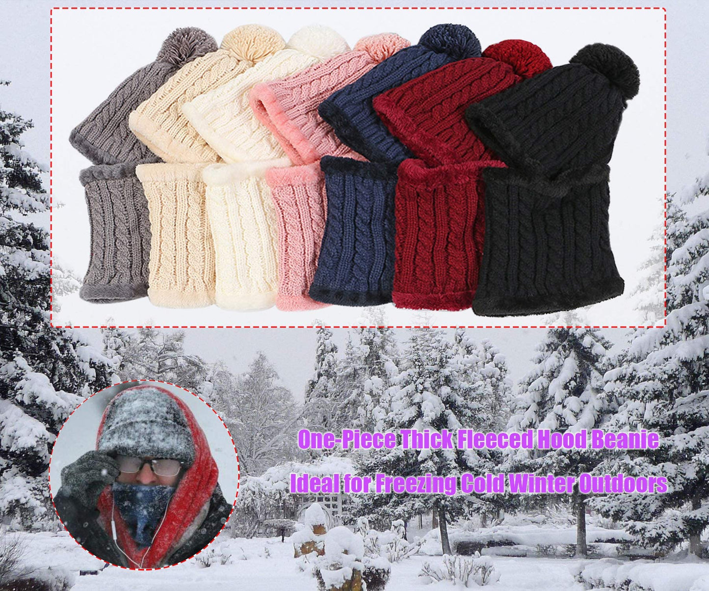 HUAMULAN Women Winter Beanie Hats One Piece Fleece Lined Knit Balaclavas Mask Set Skull Neck Circle Scarf Ski Snow Hat Pompom