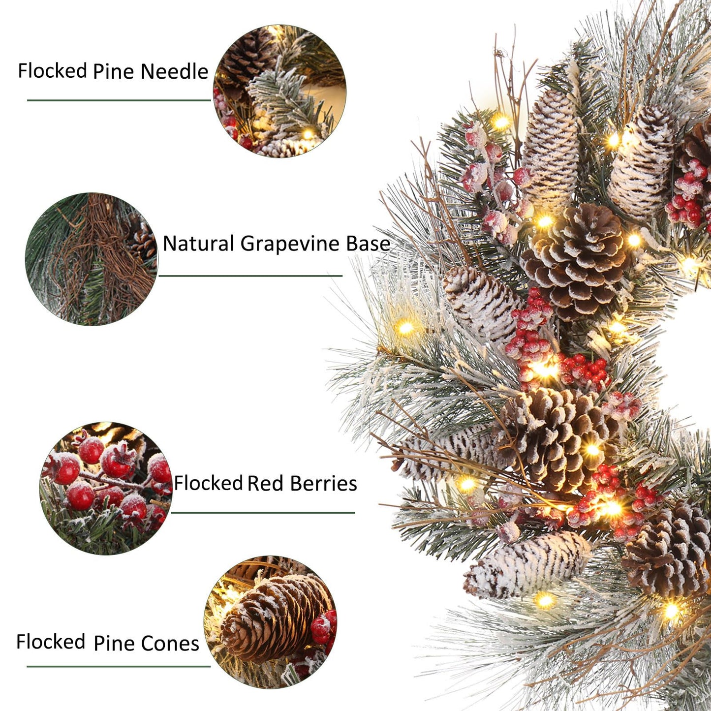 Christmas Wreath for Front Door 24" Large Xmas Wreath with Flocked Pinecone Red Berries Battery Operated 30 LED Lights for Christmas Outdoor Window Fireplaces Walls Home Decor