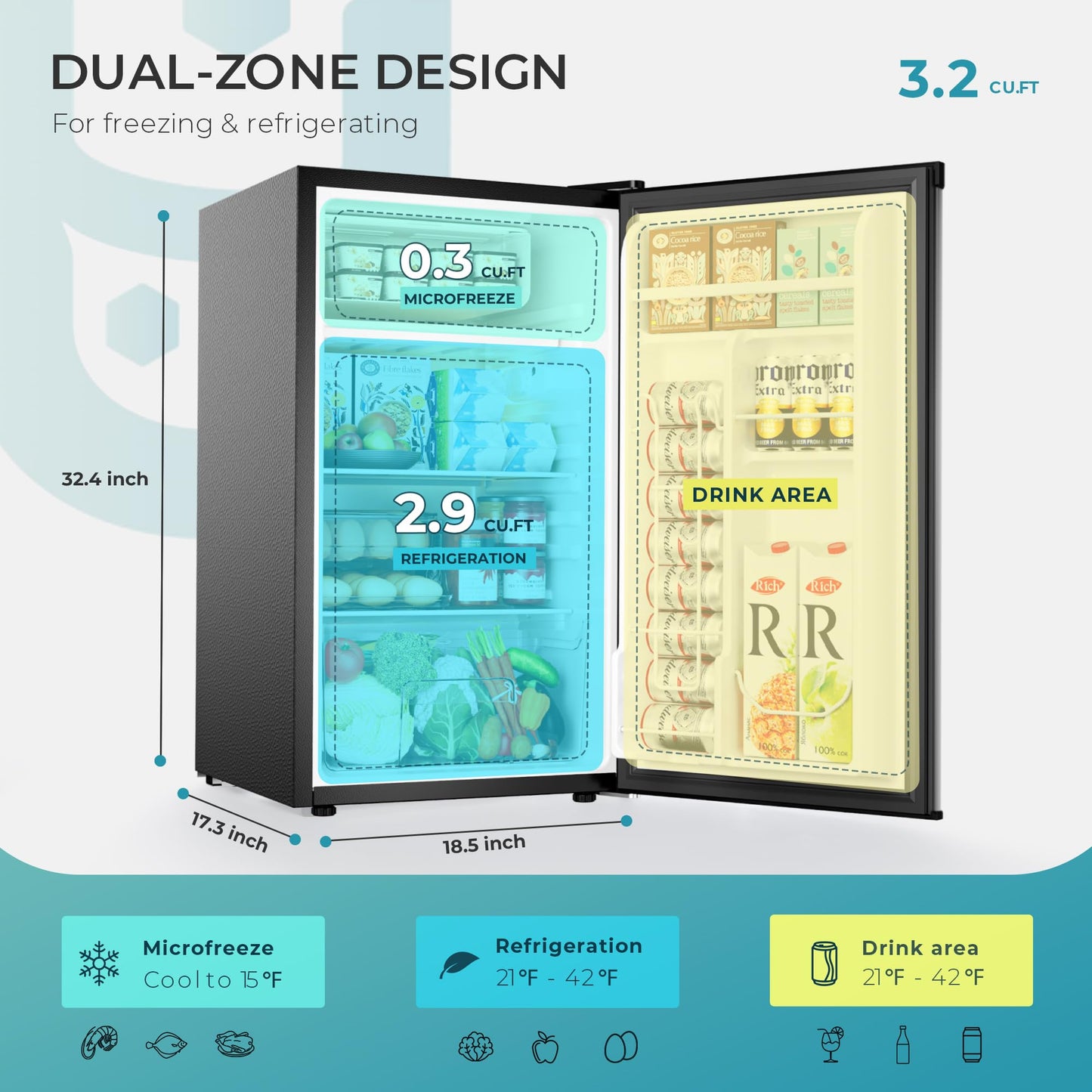 EUHOMY 3.2 Cu.Ft Mini Fridge with Freezer, Single Door Compact Refrigerator, Adjustable Thermostat, Mini Refrigerator Energy Saving, Mini fridge for Bedroom, Dorm, Office, Black