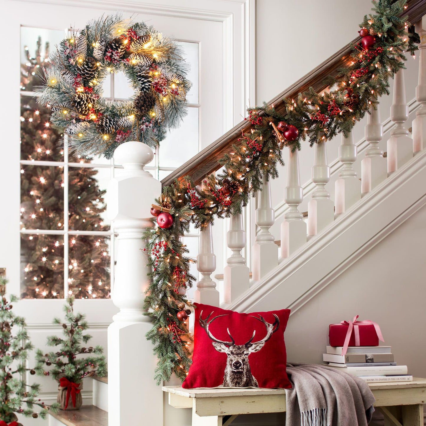 Christmas Wreath for Front Door 24" Large Xmas Wreath with Flocked Pinecone Red Berries Battery Operated 30 LED Lights for Christmas Outdoor Window Fireplaces Walls Home Decor