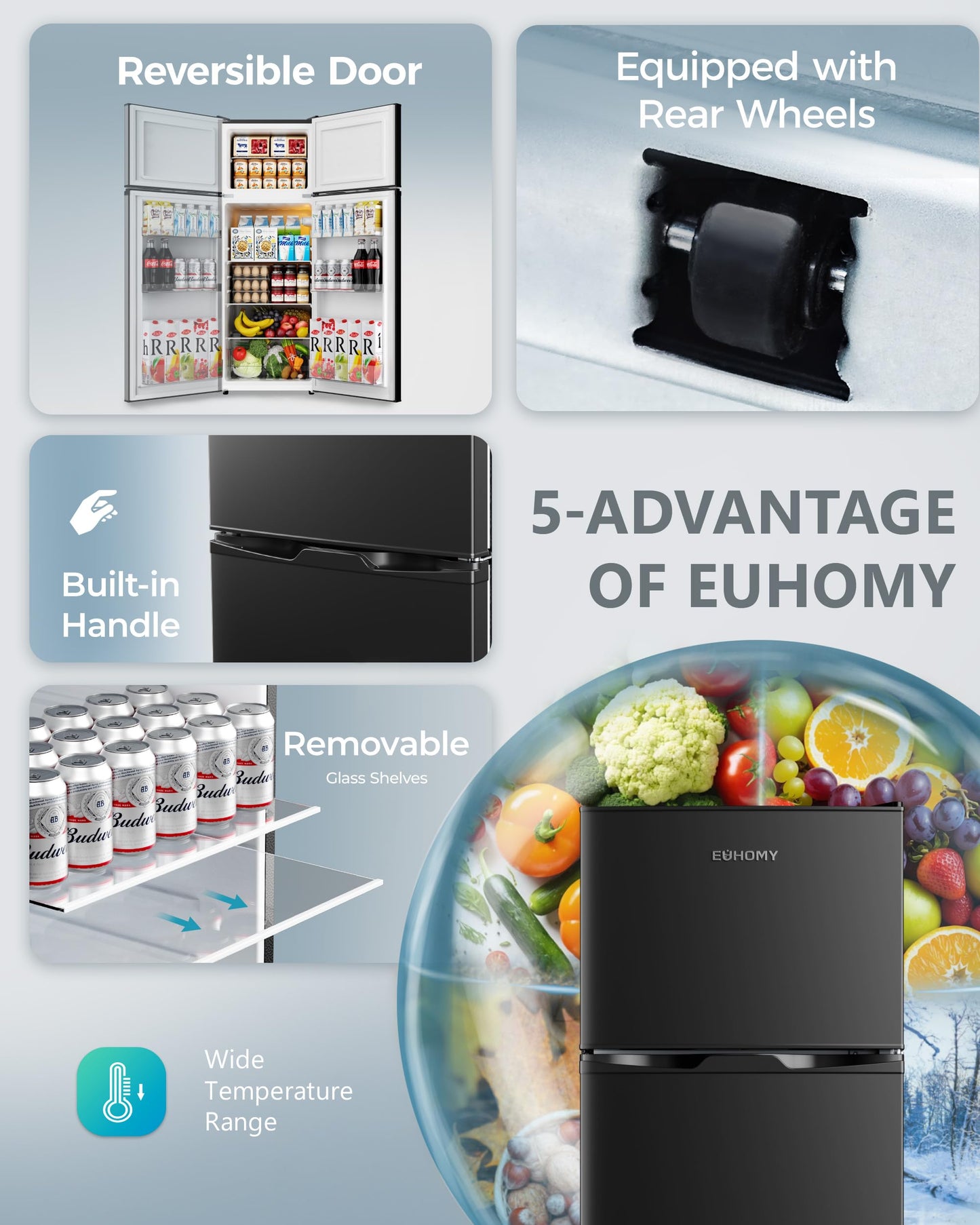 EUHOMY 3.2 Cu.Ft Mini Fridge with Freezer, Single Door Compact Refrigerator, Adjustable Thermostat, Mini Refrigerator Energy Saving, Mini fridge for Bedroom, Dorm, Office, Black