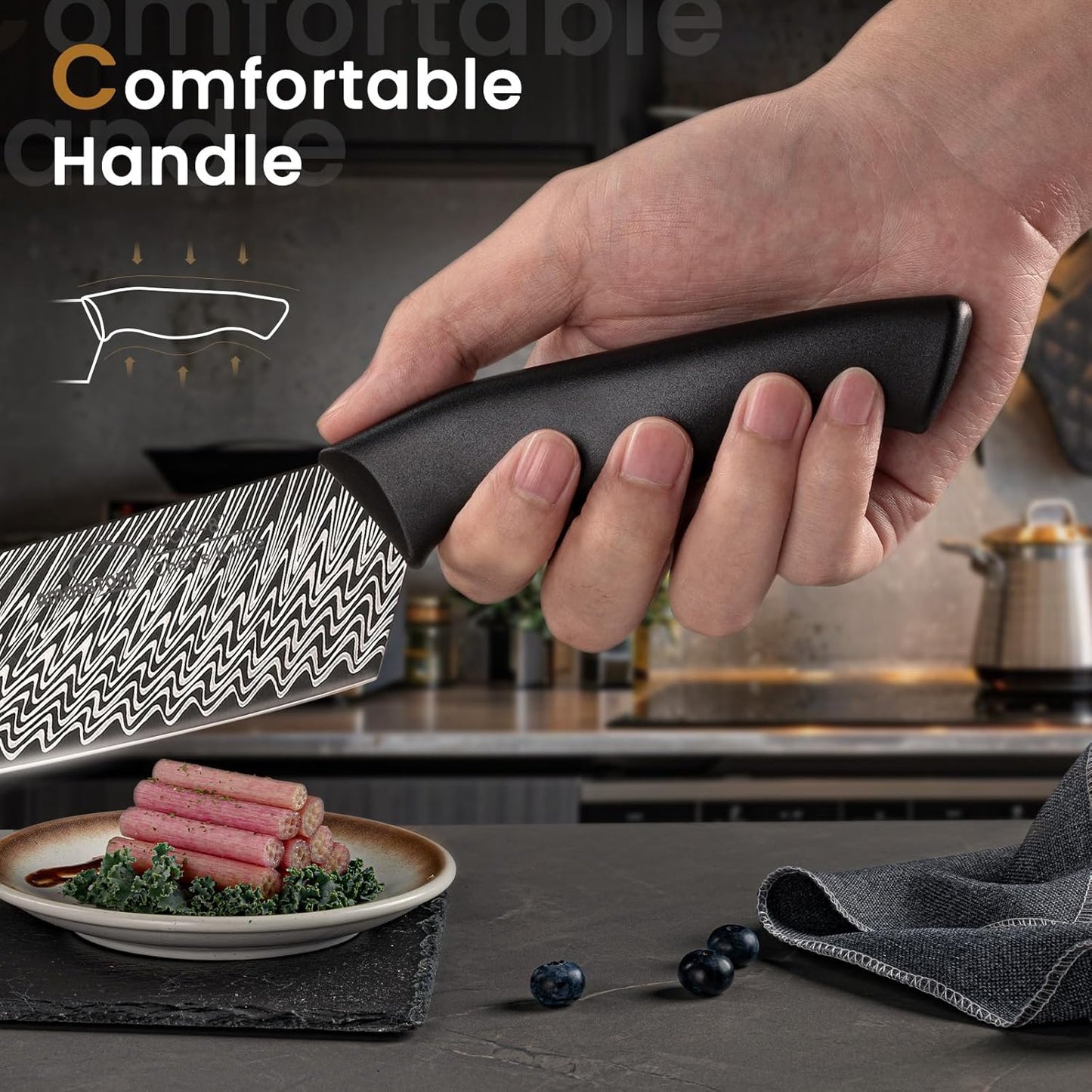 Knife Set, Amorston 15 Pieces Kitchen Knife Set with Built in Knife Sharpener, High Carbon German Stainless Steel Knife Block Set, Dishwasher Safe Knives Set, Black