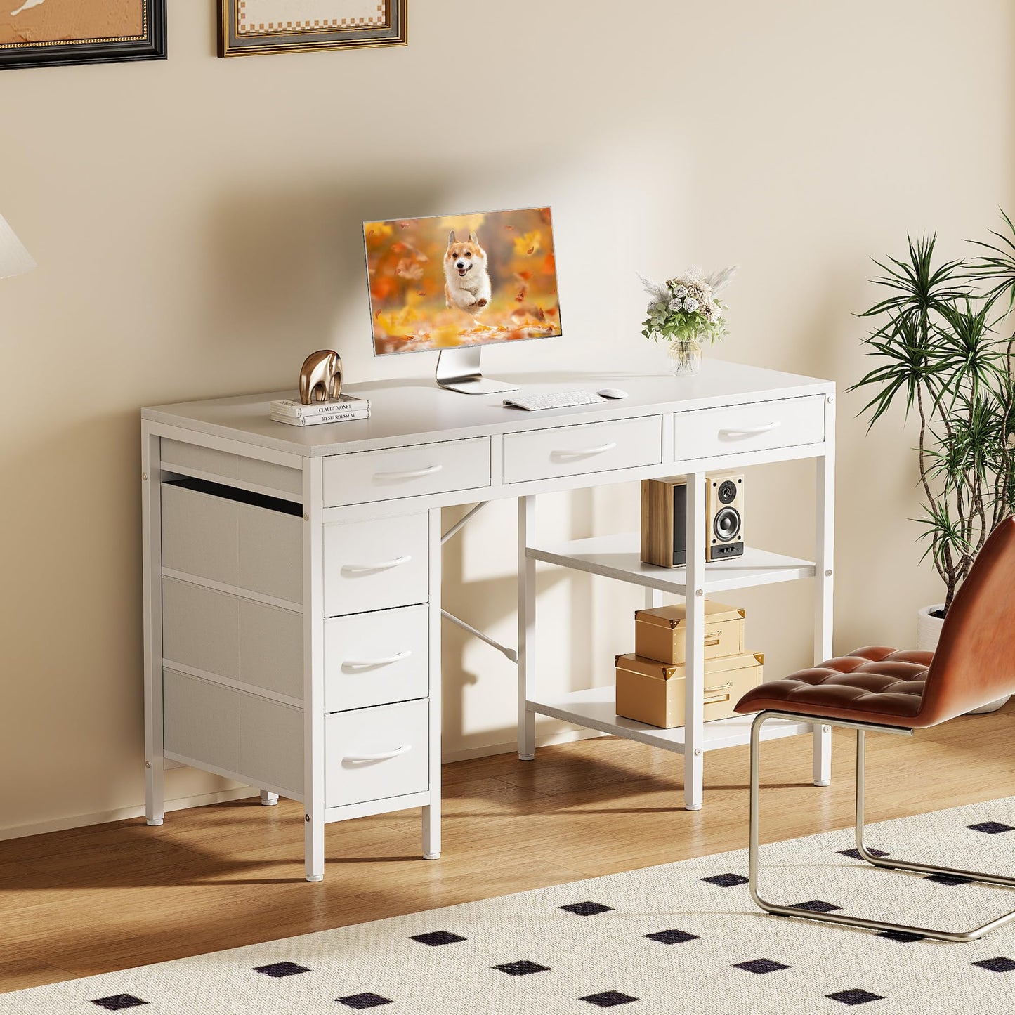 Sweetcrispy 47" Computer Desk with 6 Drawers, Home Office Gaming Desks with Storage Shelves for Bedroom, Writing Study Corner Living Room Work Table Rustic Brown