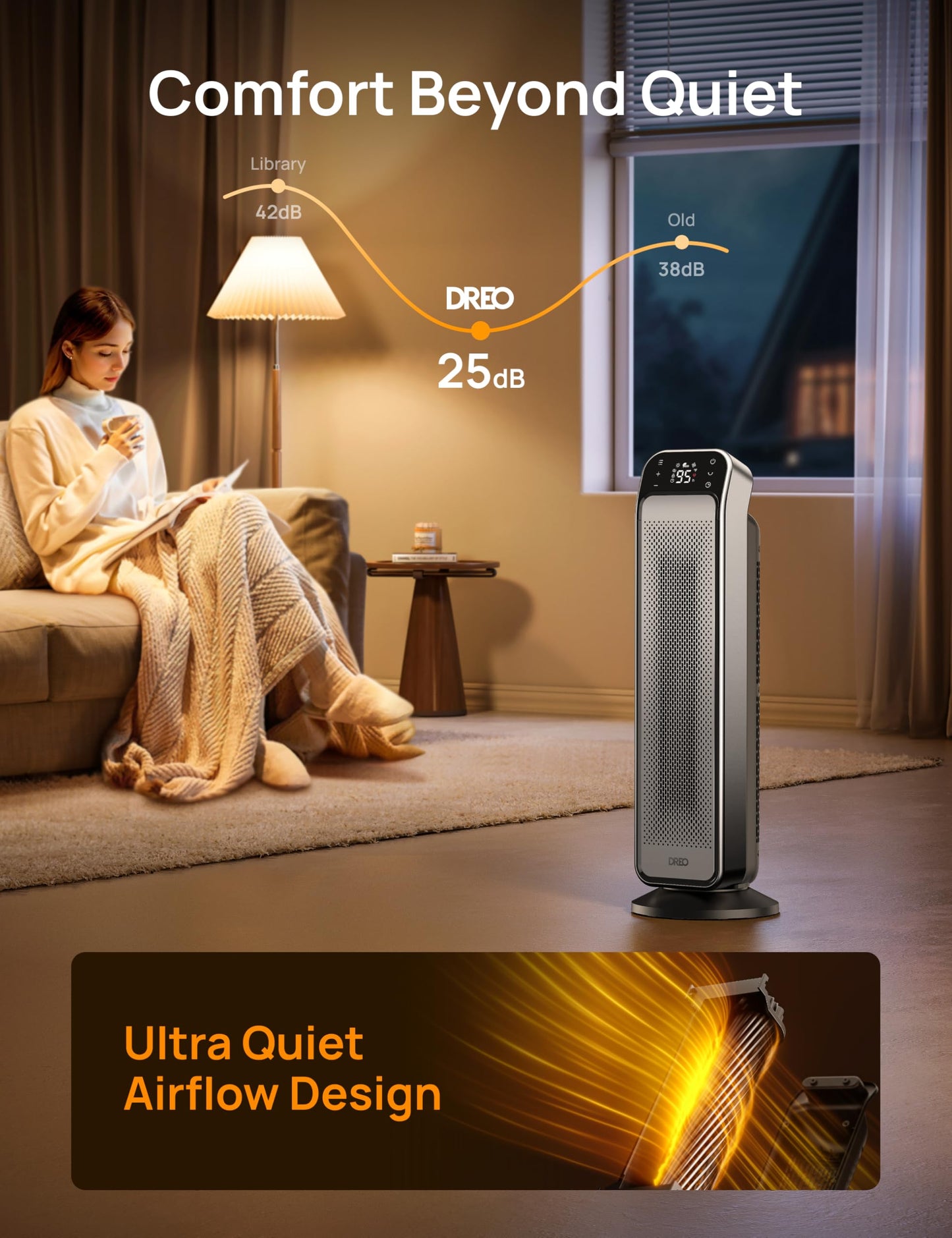 Dreo Space Heater Indoor, 25" 11.5ft/s Fast Portable Room Heater with Remote and Thermostat, 3 Modes, Overheating & Tip-Over Protection, Electric Heaters for Indoor Use Large Room, Bedroom, Gold