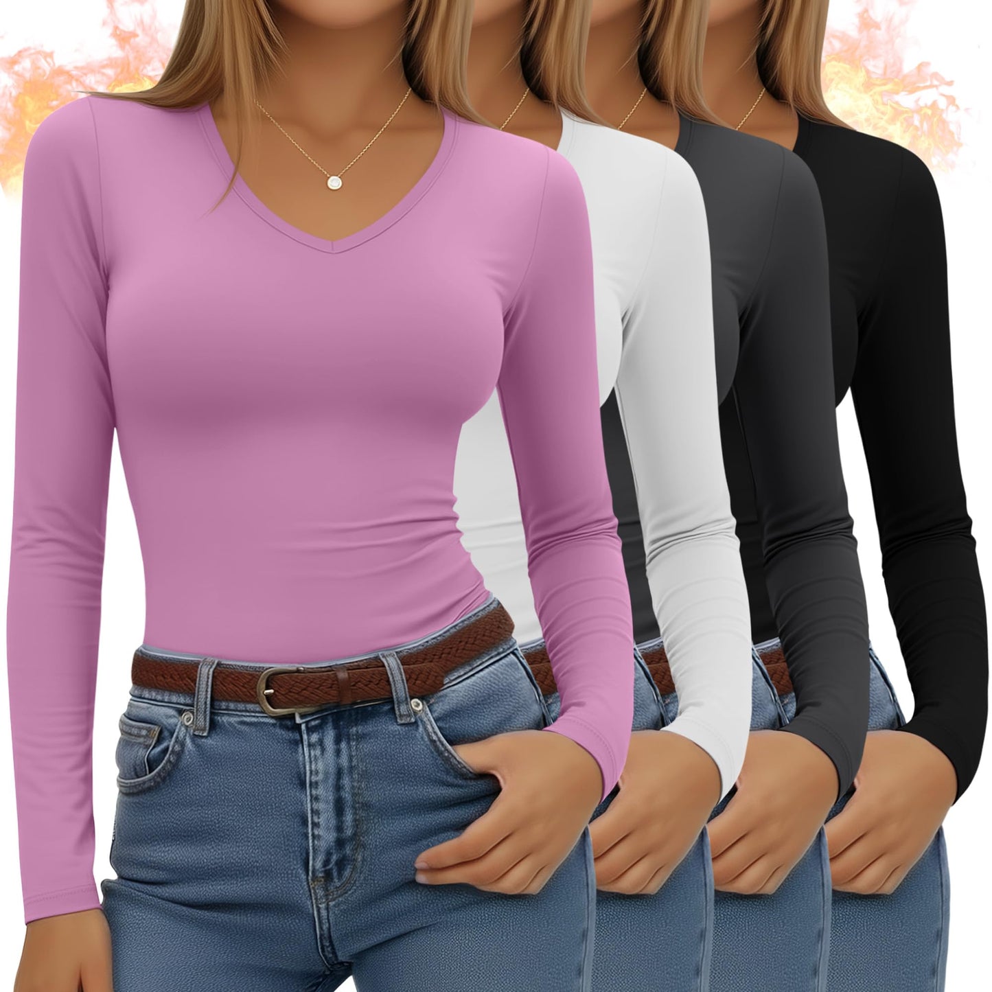 4 Pack Women's Long Sleeve Thermal Shirts Fleece Lined V Neck Slim Fit Underwear Base Layer Basic Winter Warm Tops