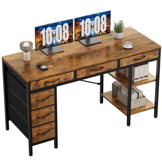Sweetcrispy 47" Computer Desk with 6 Drawers, Home Office Gaming Desks with Storage Shelves for Bedroom, Writing Study Corner Living Room Work Table Rustic Brown