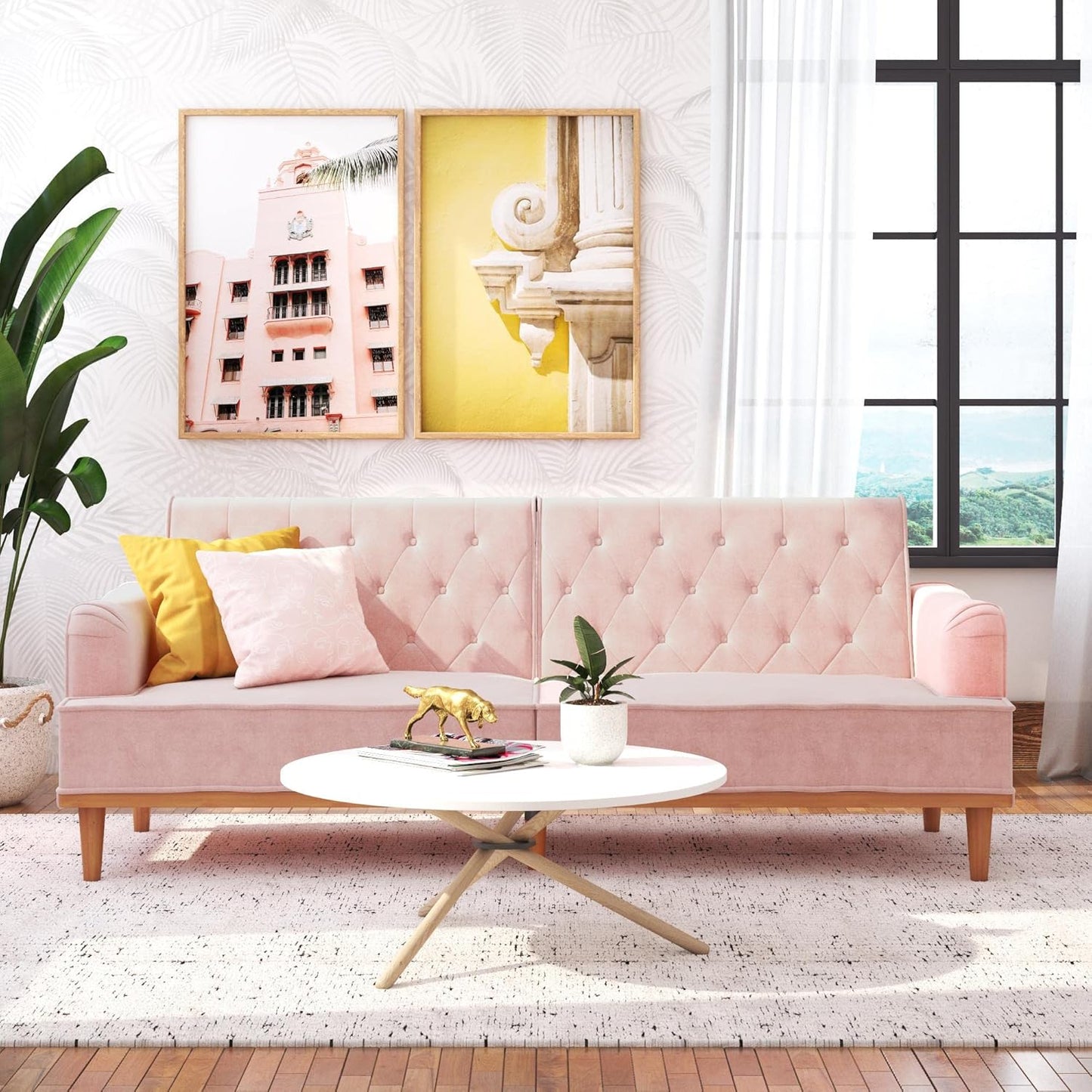 Stella 80 Inch Futon Sofa Bed In Velvet Fabric, Modern Upholstered Couch Sleeper With Button Tufted Back And Wood Trim, Pink