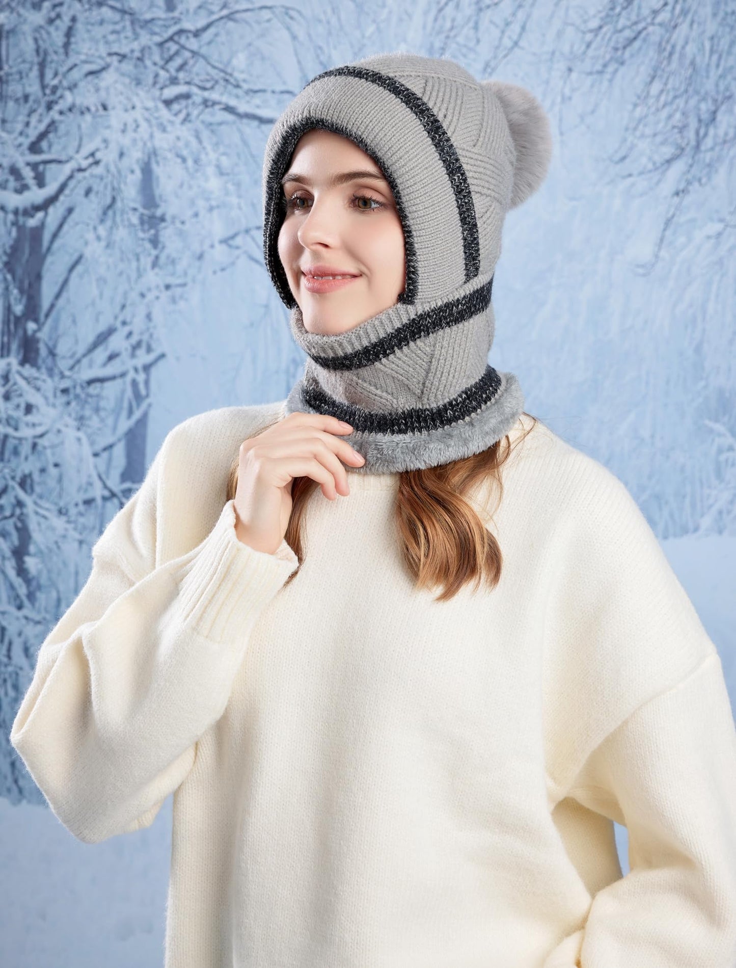 HUAMULAN Women Winter Beanie Hats One Piece Fleece Lined Knit Balaclavas Mask Set Skull Neck Circle Scarf Ski Snow Hat Pompom