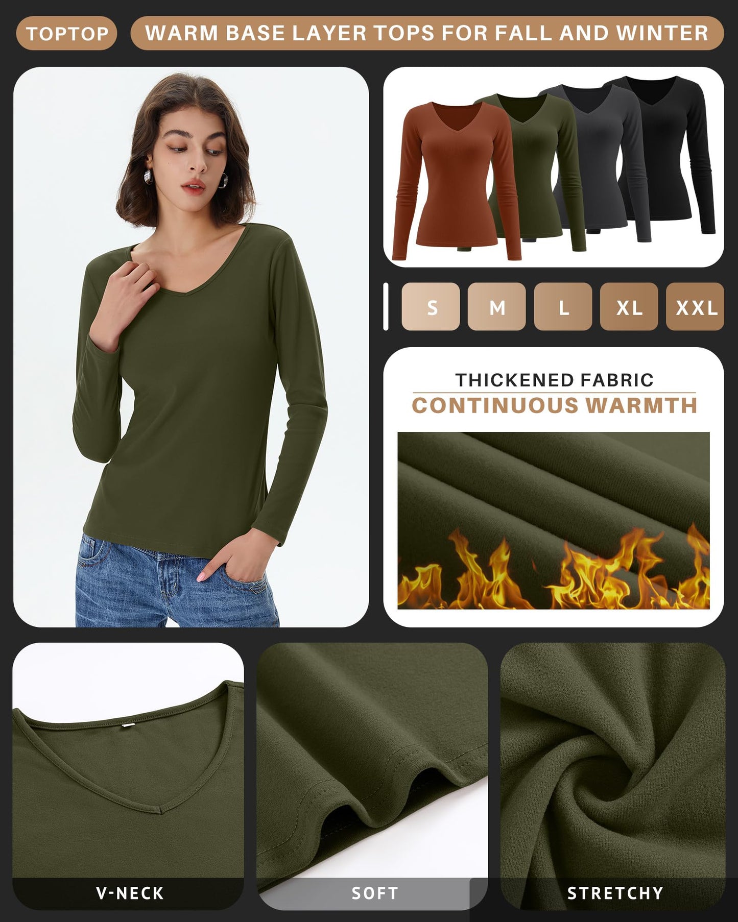 4 Pack Women's Long Sleeve Thermal Shirts Fleece Lined V Neck Slim Fit Underwear Base Layer Basic Winter Warm Tops