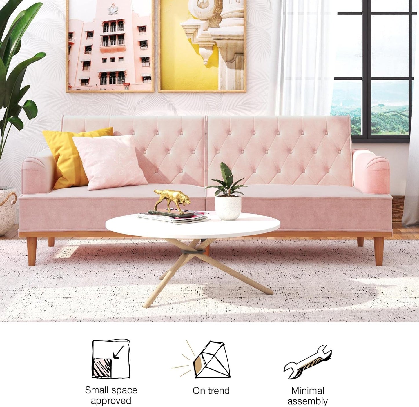 Stella 80 Inch Futon Sofa Bed In Velvet Fabric, Modern Upholstered Couch Sleeper With Button Tufted Back And Wood Trim, Pink