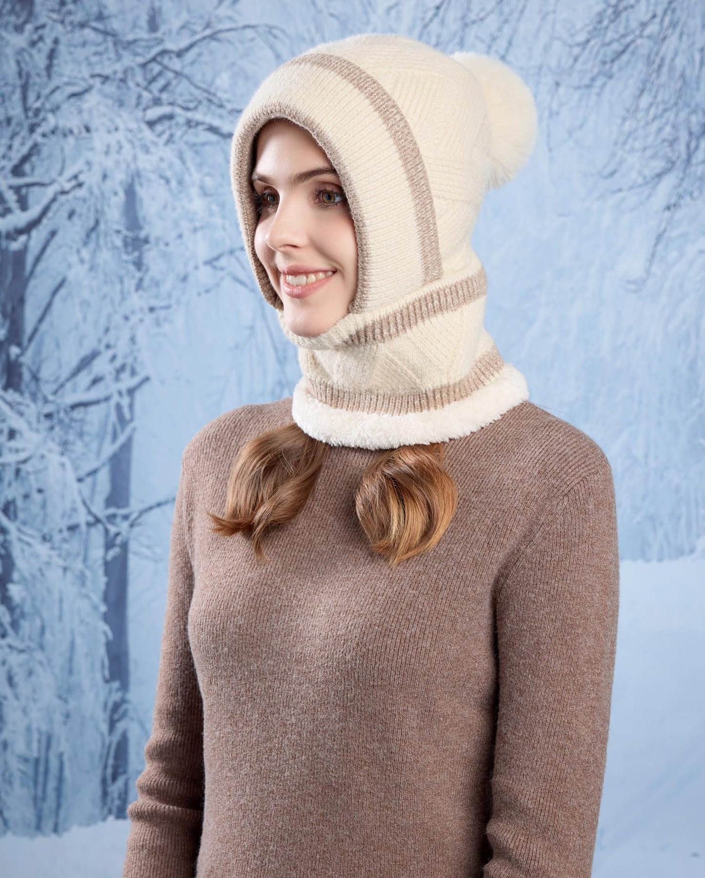 HUAMULAN Women Winter Beanie Hats One Piece Fleece Lined Knit Balaclavas Mask Set Skull Neck Circle Scarf Ski Snow Hat Pompom