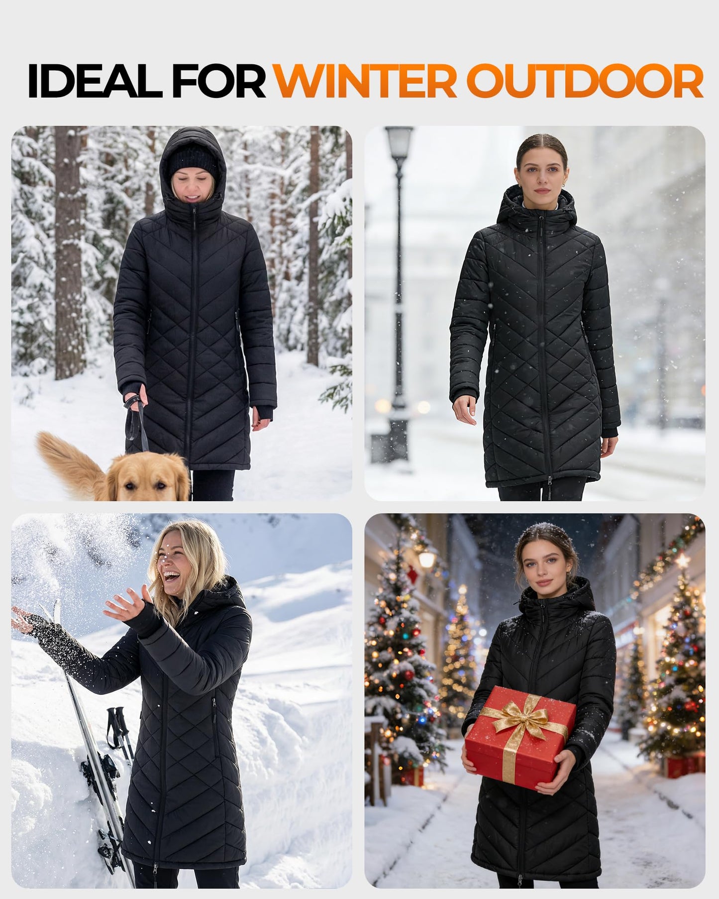 Topdot Graphene Long Heated Jackets for Women with 12V 18400mAh Battery Pack, 8 Heat Zones Hooded Heated Coat for Womens