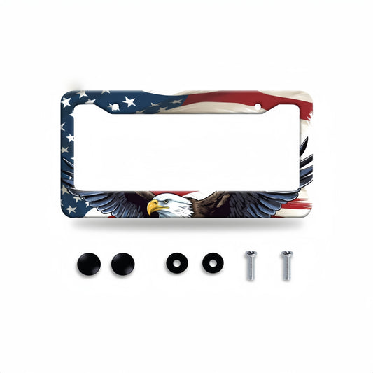1pc American Flag Eagle License Plate Frame, Patriotic Colorful Metal Rustproof Car Parts, Funny Trim with Screws, 12.3" x 6.3, for Men & Women