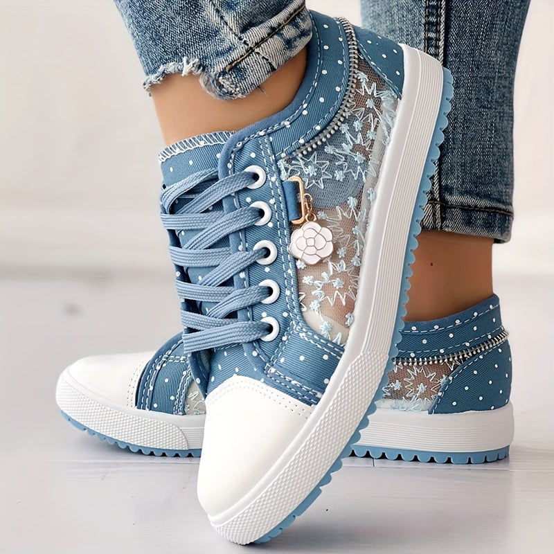 Women's Floral Mesh & Cover Casual Sneakers - Breathable Low-Top Lace-Up Round-Toe Spring Shoes with Sole for Casual Attire, Ladies Sneakers, Comfortable Footwear, Durable Traction Footwear ChicMe