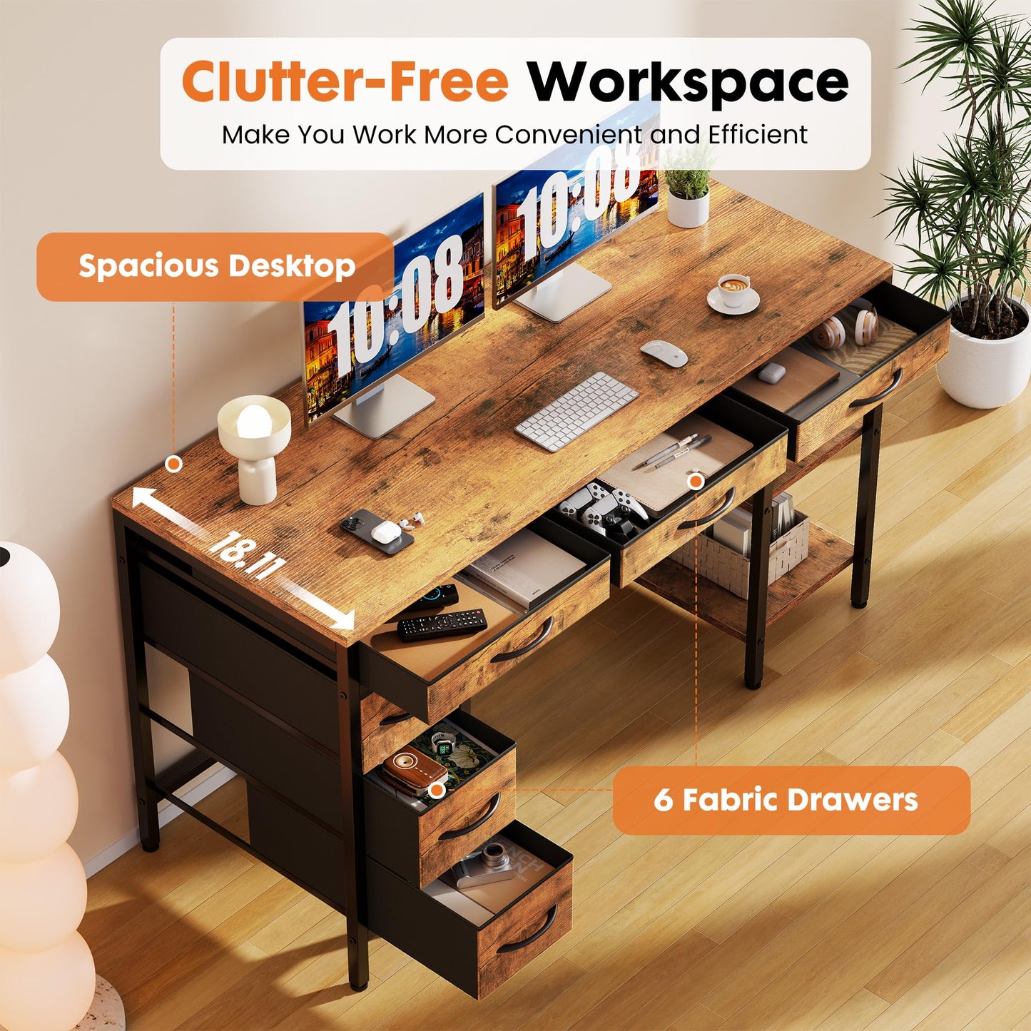 Sweetcrispy 47" Computer Desk with 6 Drawers, Home Office Gaming Desks with Storage Shelves for Bedroom, Writing Study Corner Living Room Work Table Rustic Brown