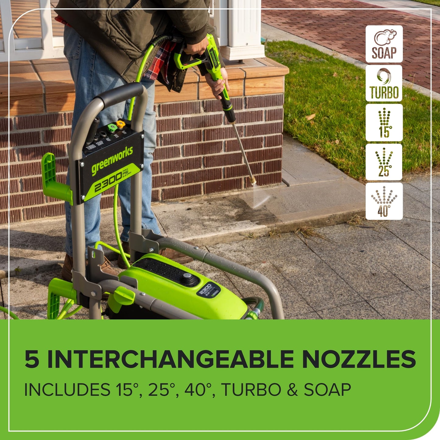 Greenworks 2300 PSI TruBrushless (2.3 GPM) Electric Pressure Washer, 25’ Hose, Quick Connect Wand, 15, 24, 40 Degree Soap and Turbo Nozzle