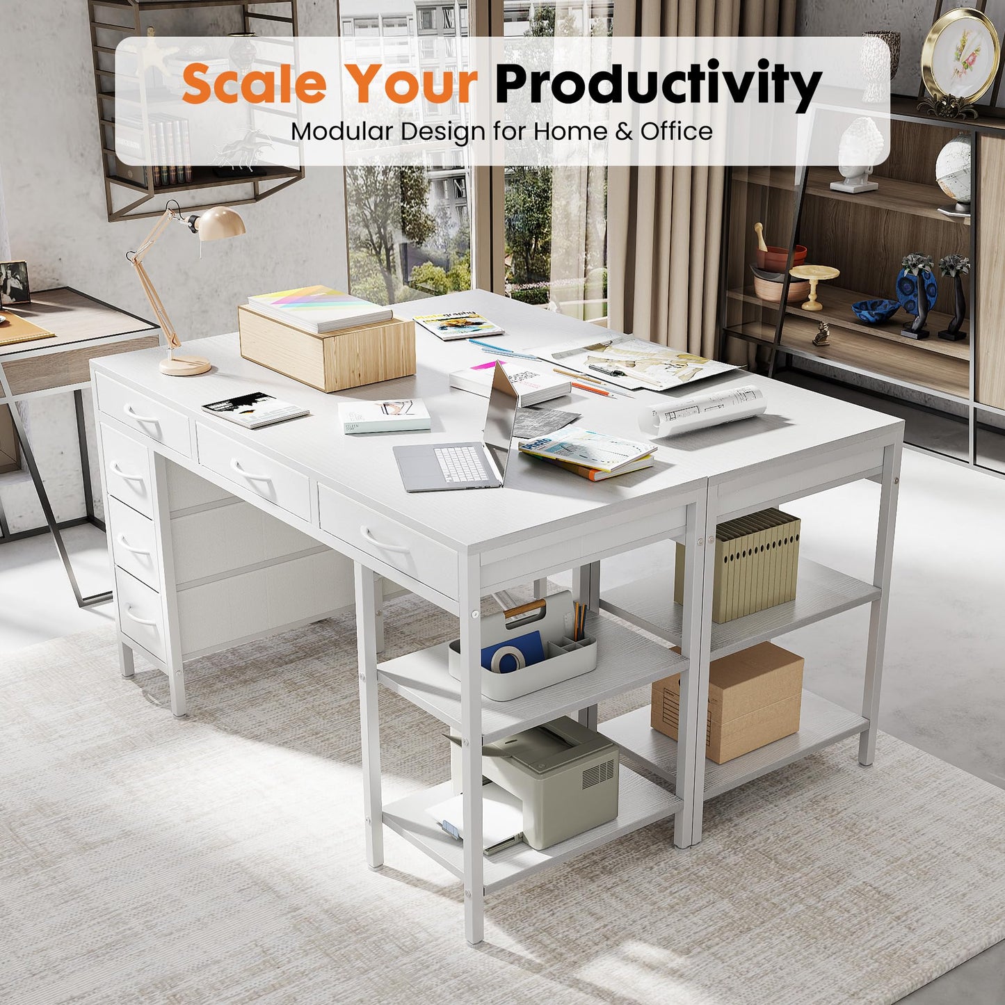 Sweetcrispy 47" Computer Desk with 6 Drawers, Home Office Gaming Desks with Storage Shelves for Bedroom, Writing Study Corner Living Room Work Table Rustic Brown