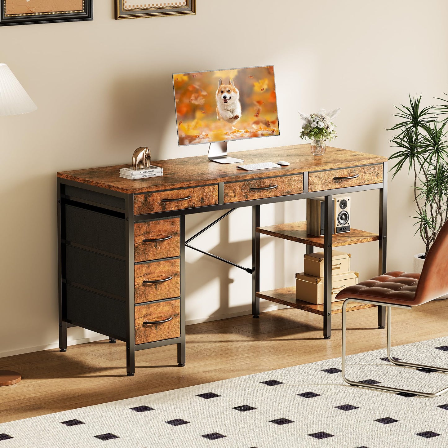 Sweetcrispy 47" Computer Desk with 6 Drawers, Home Office Gaming Desks with Storage Shelves for Bedroom, Writing Study Corner Living Room Work Table Rustic Brown