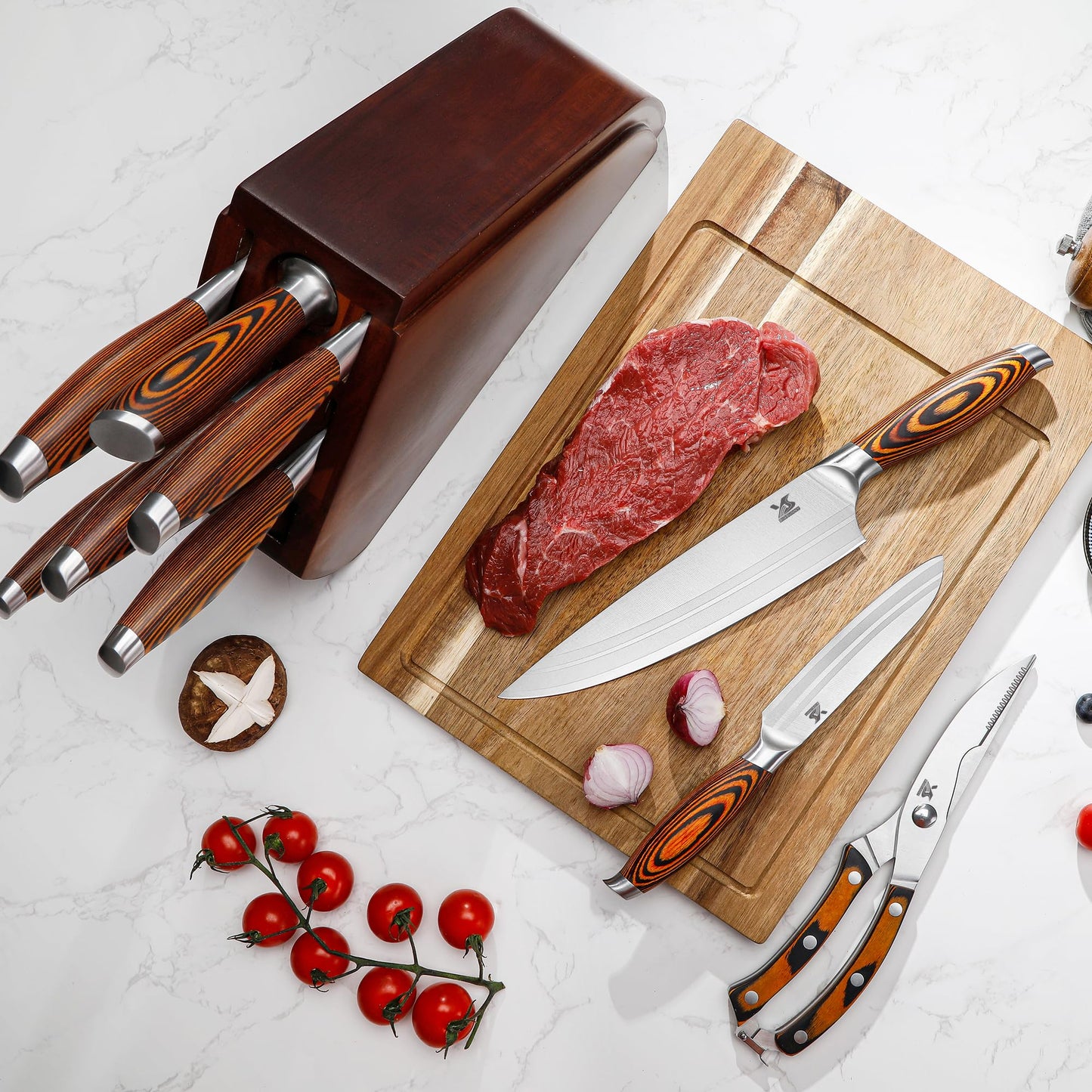 MSY BIGSUNNY Knife Block Set 17-piece Knife Set with Wooden Block - German Steel Perfect Cutlery Set Gift
