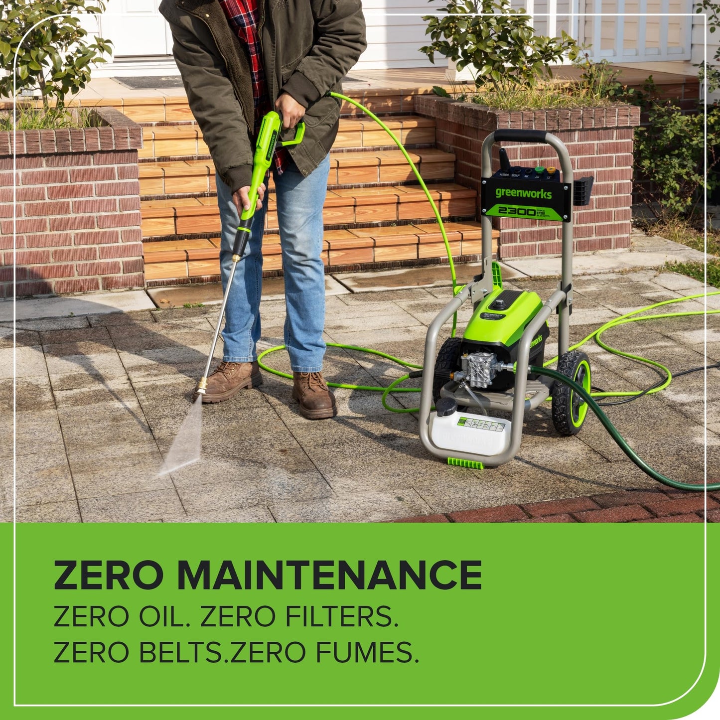 Greenworks 2300 PSI TruBrushless (2.3 GPM) Electric Pressure Washer, 25’ Hose, Quick Connect Wand, 15, 24, 40 Degree Soap and Turbo Nozzle