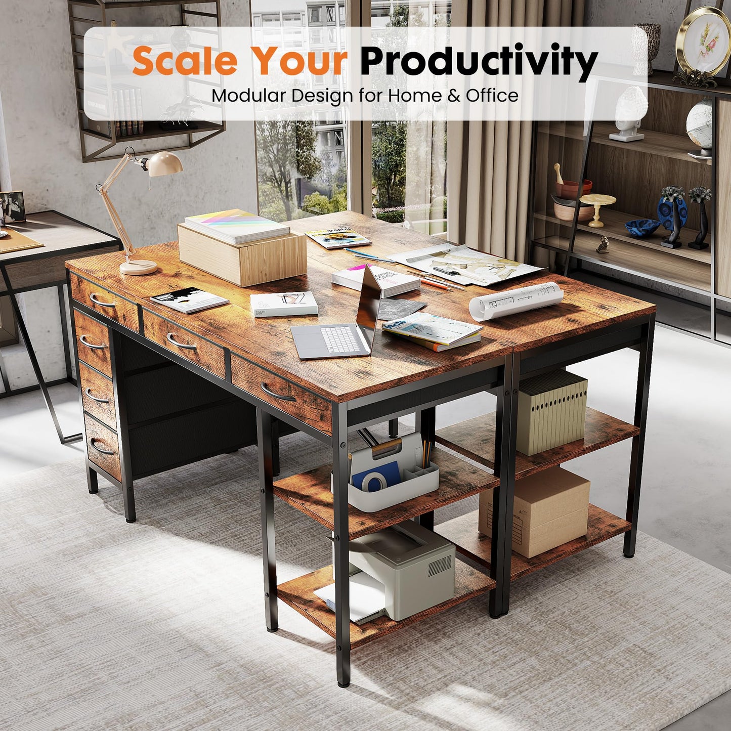 Sweetcrispy 47" Computer Desk with 6 Drawers, Home Office Gaming Desks with Storage Shelves for Bedroom, Writing Study Corner Living Room Work Table Rustic Brown