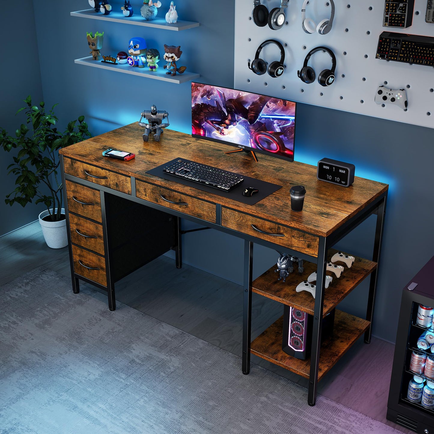 Sweetcrispy 47" Computer Desk with 6 Drawers, Home Office Gaming Desks with Storage Shelves for Bedroom, Writing Study Corner Living Room Work Table Rustic Brown
