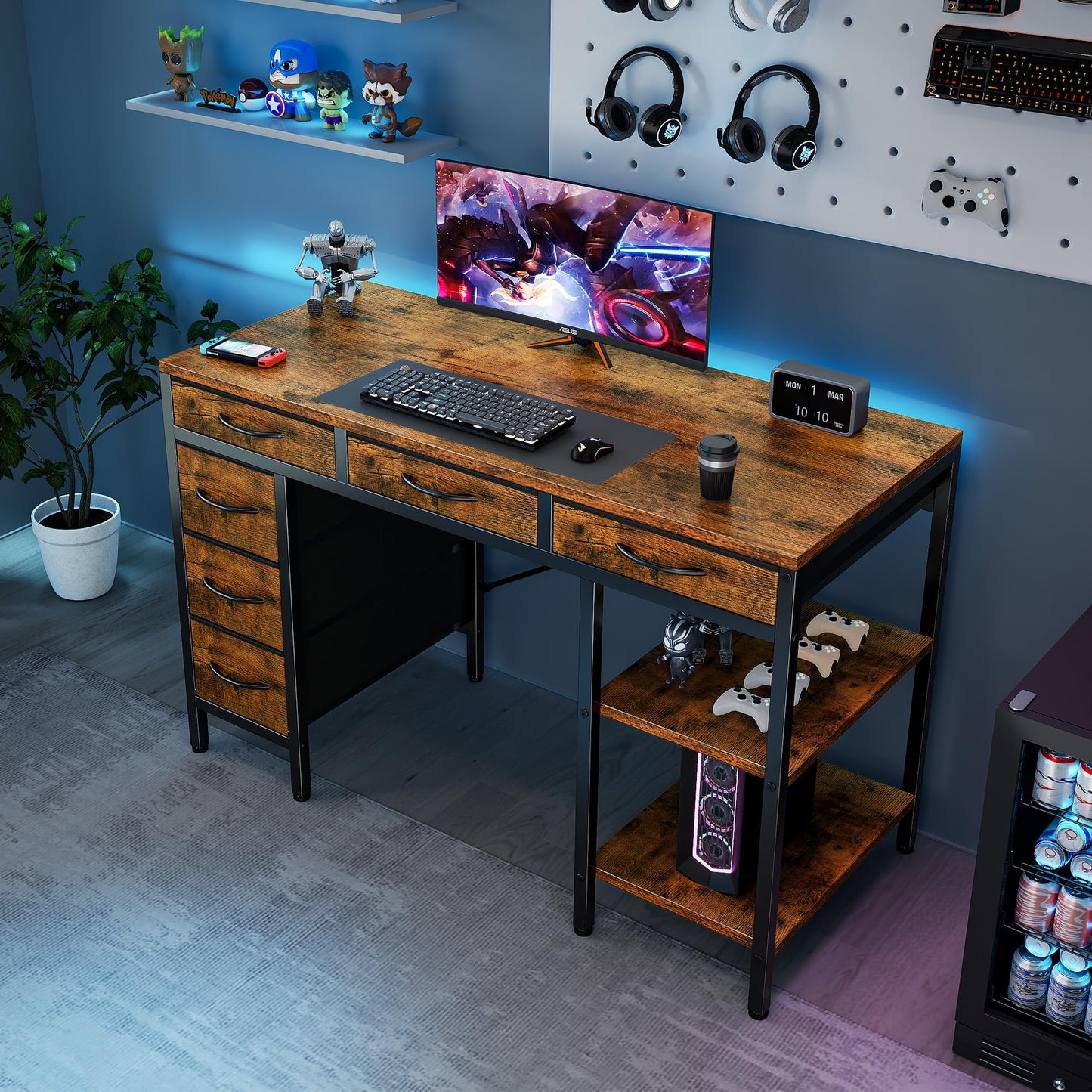 Sweetcrispy 47" Computer Desk with 6 Drawers, Home Office Gaming Desks with Storage Shelves for Bedroom, Writing Study Corner Living Room Work Table Rustic Brown