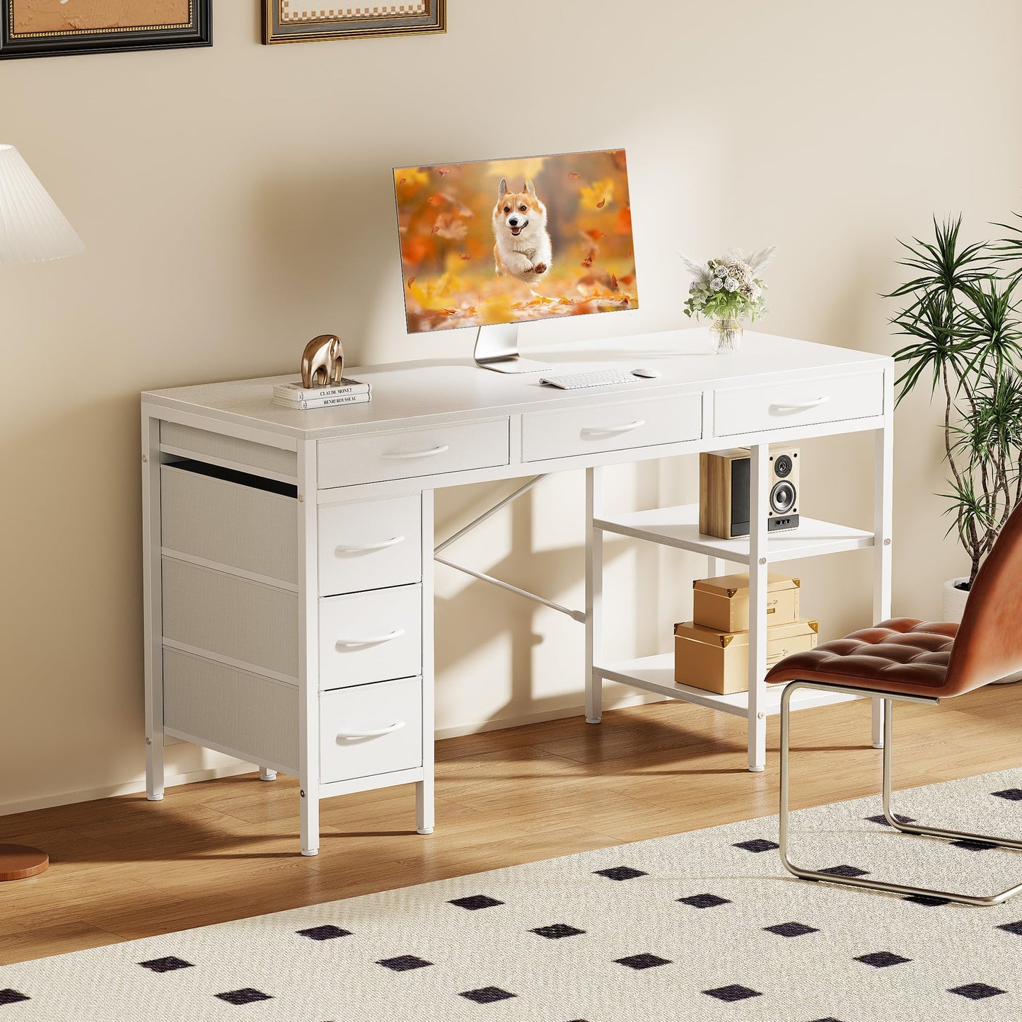 Sweetcrispy 47" Computer Desk with 6 Drawers, Home Office Gaming Desks with Storage Shelves for Bedroom, Writing Study Corner Living Room Work Table Rustic Brown