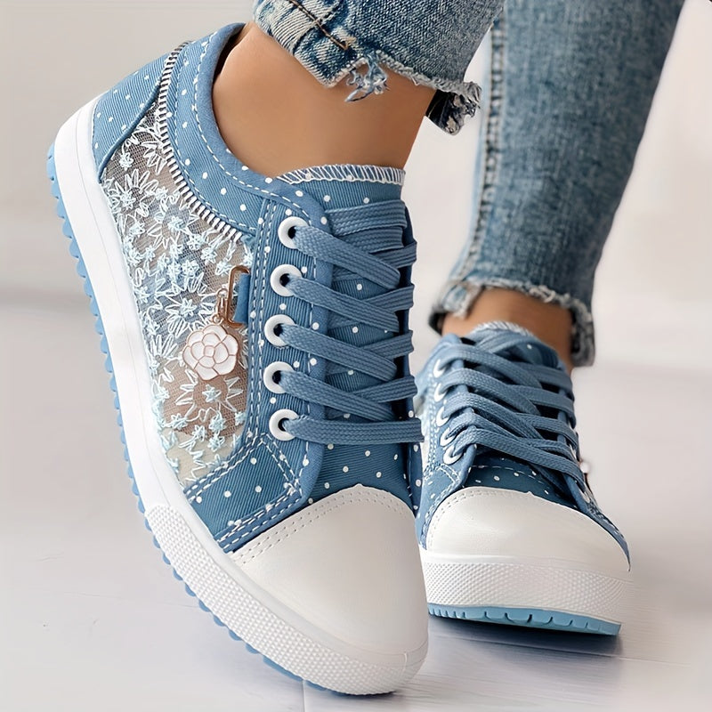 Women's Floral Mesh & Cover Casual Sneakers - Breathable Low-Top Lace-Up Round-Toe Spring Shoes with Sole for Casual Attire, Ladies Sneakers, Comfortable Footwear, Durable Traction Footwear ChicMe