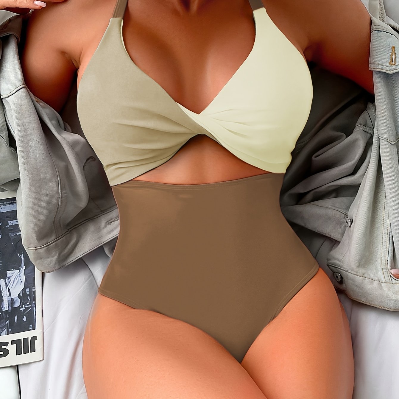 Color Block Twist Cut Out One-piece Swimsuit, Cross Back Stretchy Patchwork Bathing Suits, Women's Swimwear & Clothing