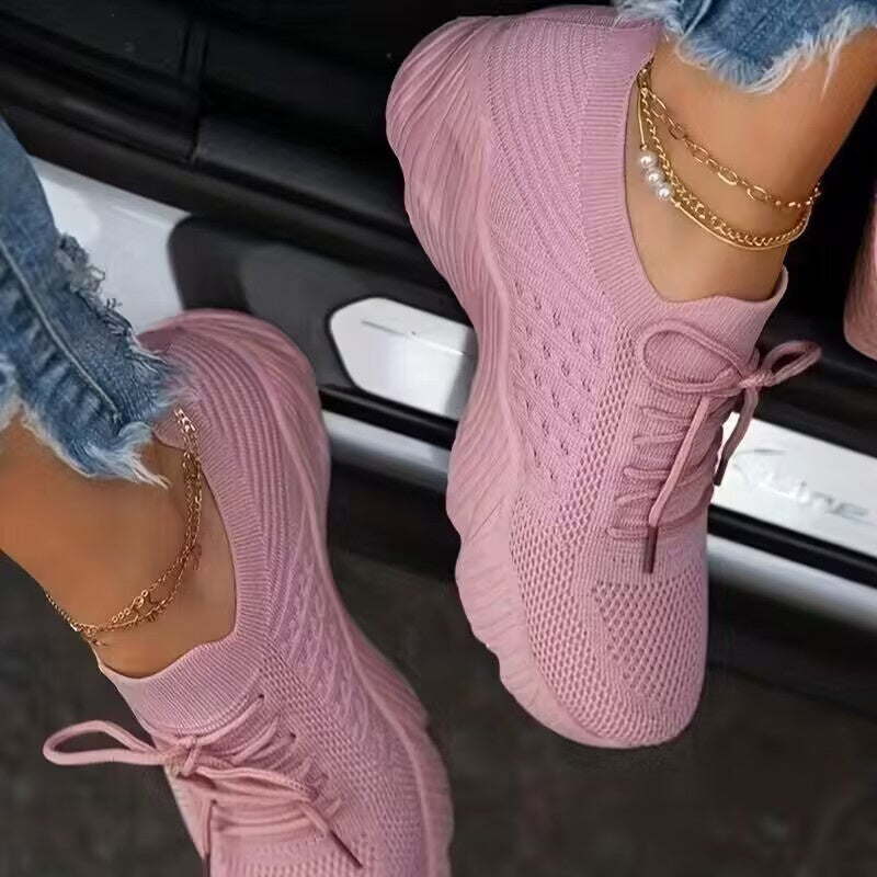 Lightweight & Breathable Women’s Sneakers - Comfortable Mesh Lace-Up Sneakers, Pink Textured Knit Upper, Cushioned Insole, Durable PU Sole, Casual & Sporty Design for All-Day Wear, Sporty Sneakers | Feminine Footwear | Mesh
