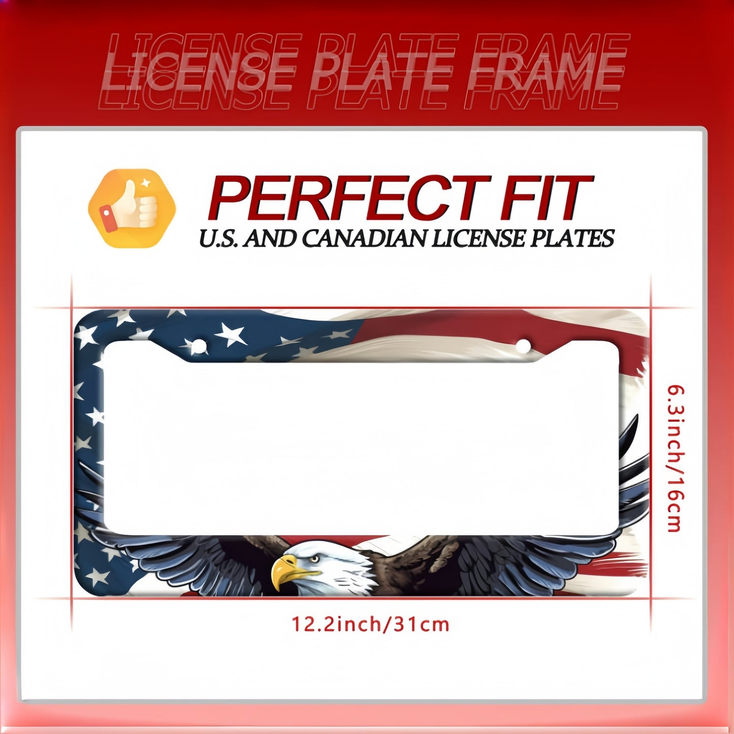 1pc American Flag Eagle License Plate Frame, Patriotic Colorful Metal Rustproof Car Parts, Funny Trim with Screws, 12.3" x 6.3, for Men & Women