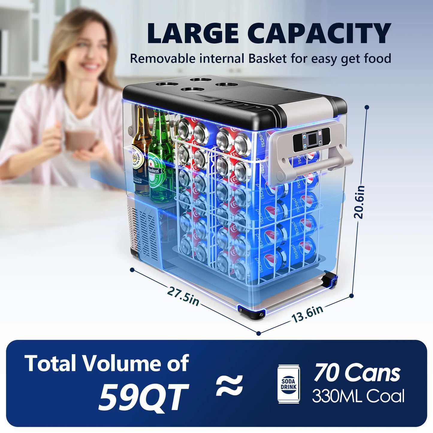 SIMZLIFE 12 Volt Car Refrigerator,58QT(55L) Electric Cooler,Portable Freezer 12/24V DC 110-240V AC for Camping, Travel,Home